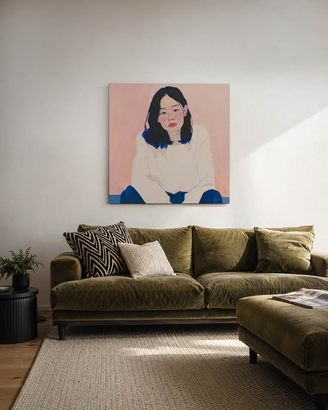 Portretstudie kunstwerk – derde productweergave – dit werk toont een portret tegen een zachte achtergrond. De combinatie van