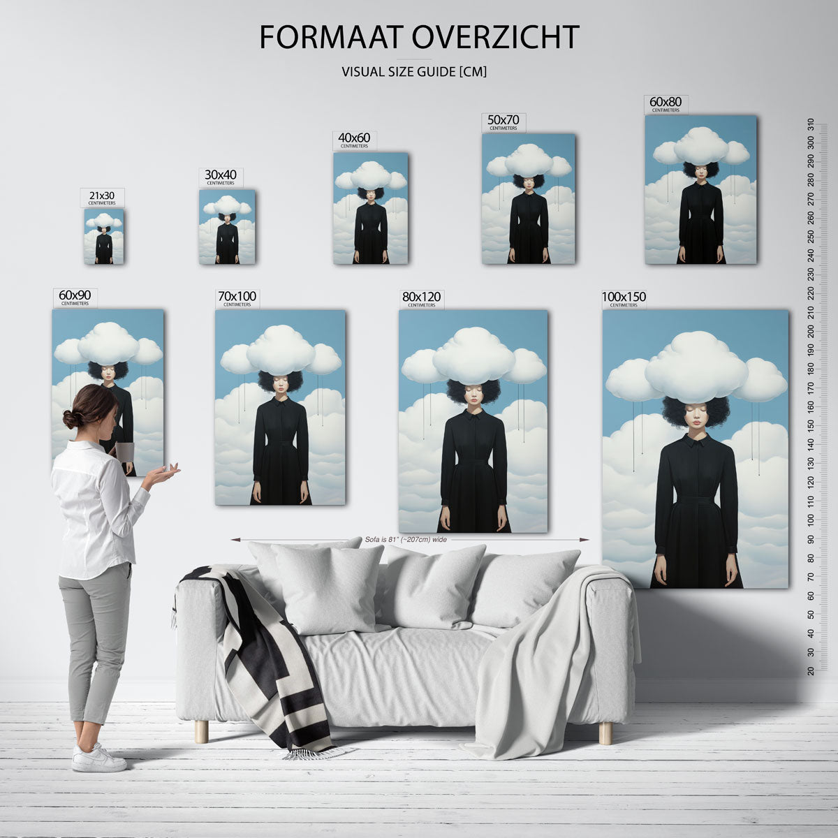 Vrouw met wolken – staande muurposter met surrealistische uitstraling