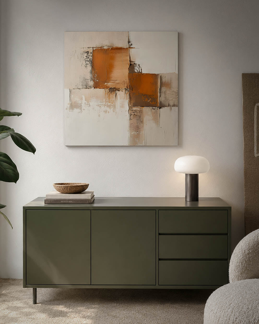 Geometrische vormen kunstwerk – detailweergave – dit werk toont een compositie van rechthoeken in aardetinten. De textuur en