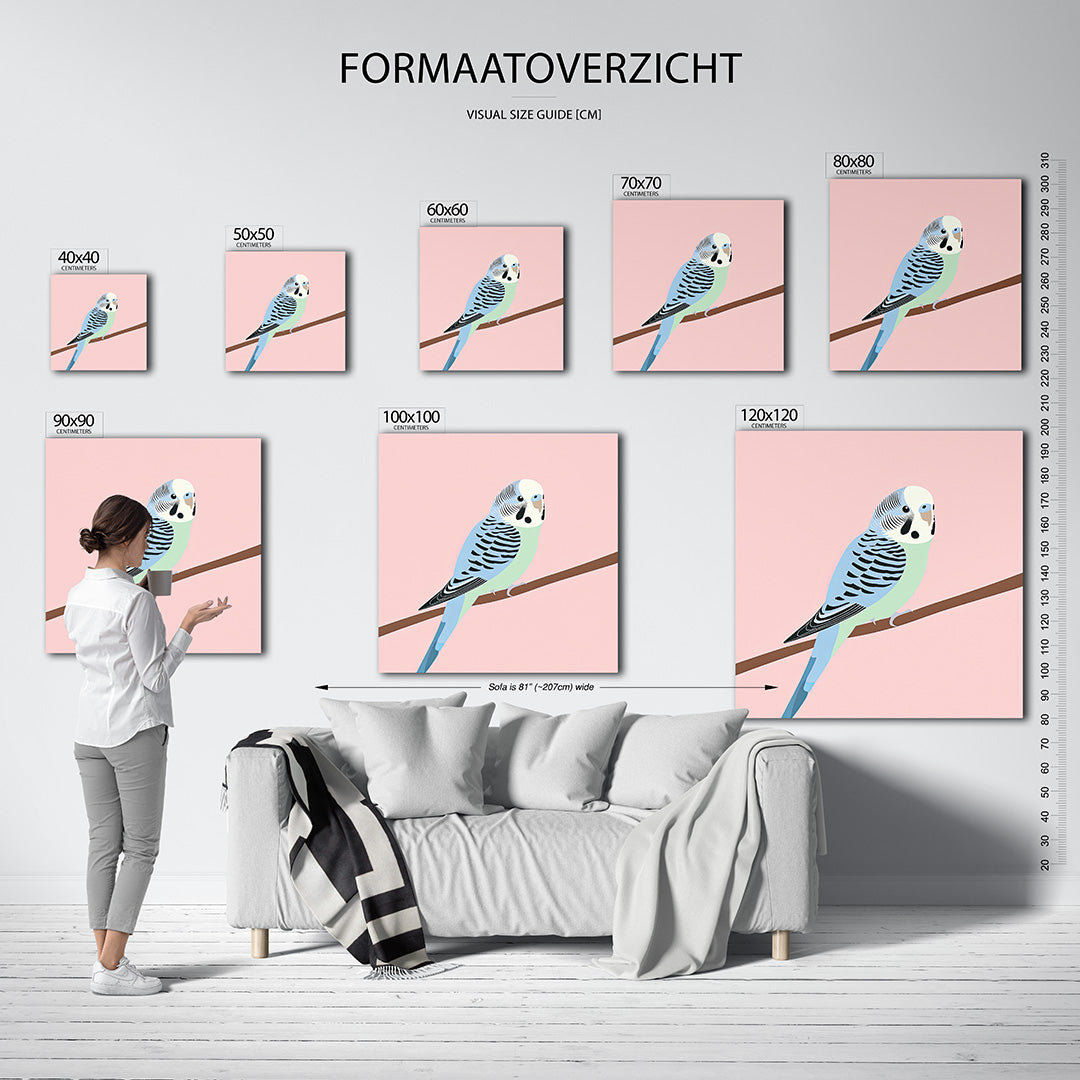 Vogel op tak kunstwerk – dit kunstwerk toont een vogel met subtiele lijnen en zachte kleuren, zittend op een tak tegen een