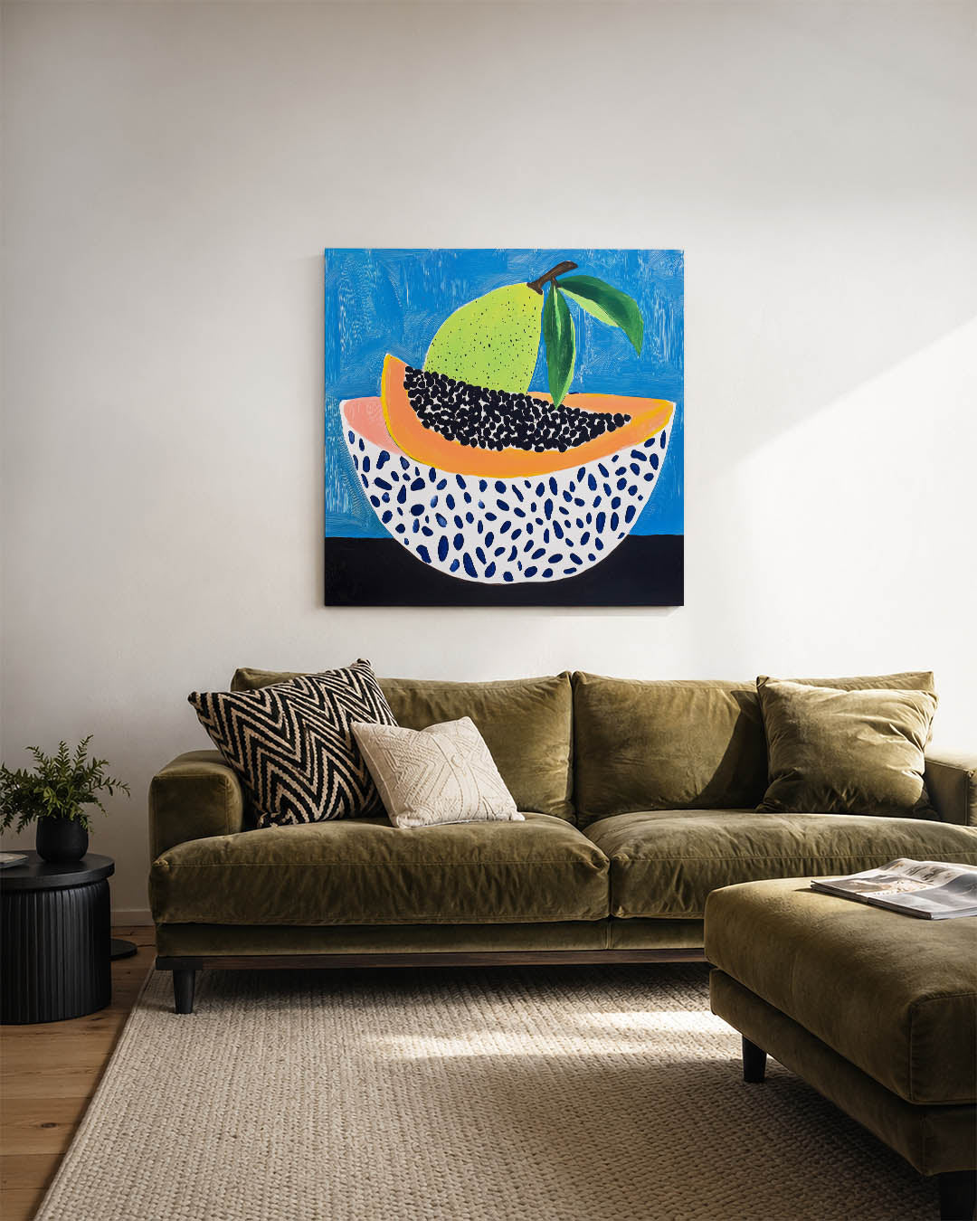 Fruit en patronen kunstwerk – sfeerbeeld – dit werk toont een kleurrijke compositie van fruit met levendige patronen. De