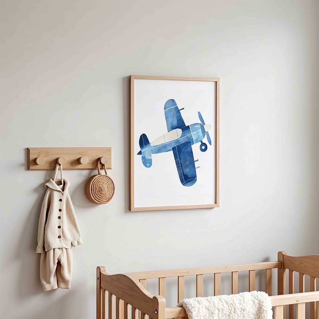 Vliegtuig in blauw – kinderposter in staand formaat