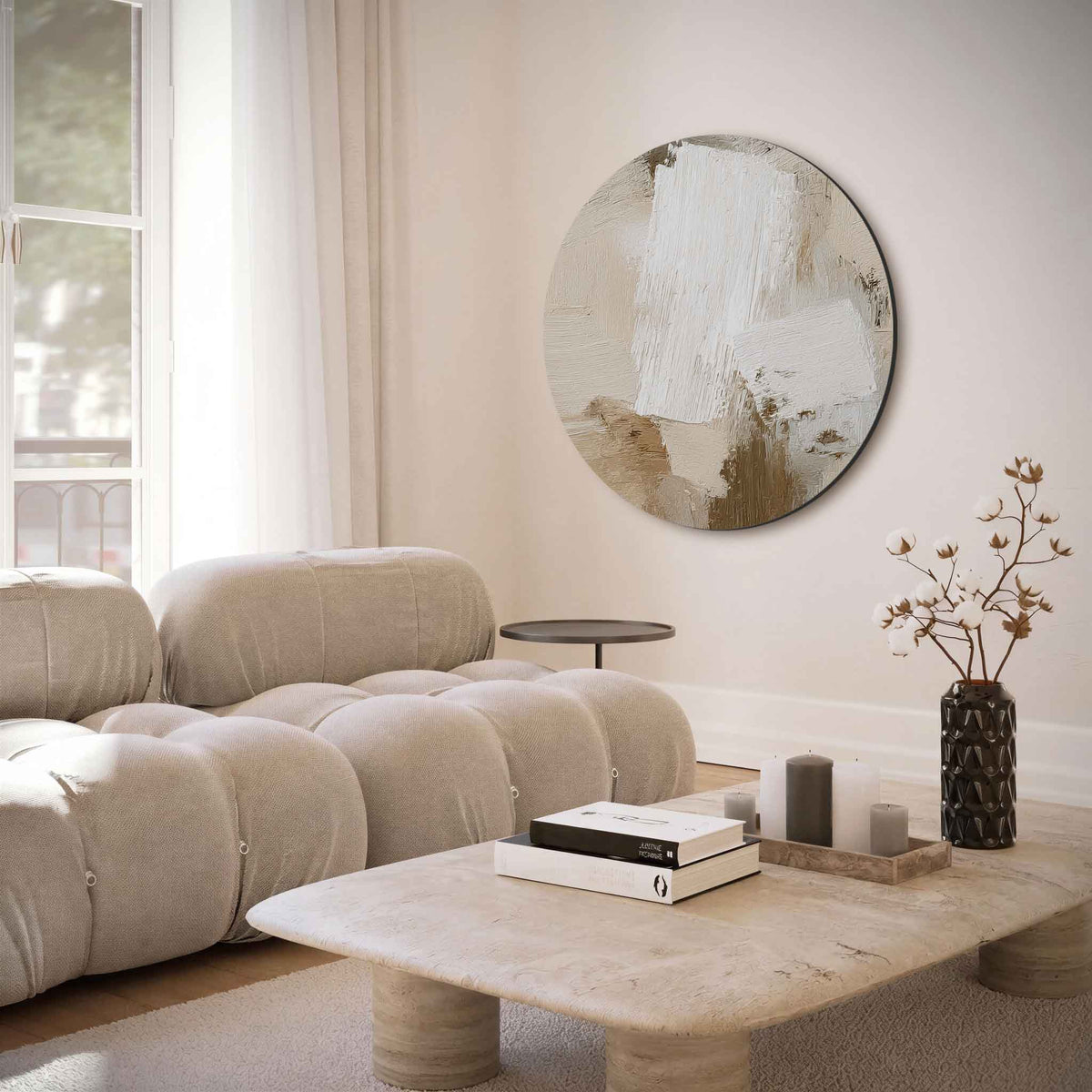 Abstracte beige – muurcirkel met abstracte texturen voor aan de muur