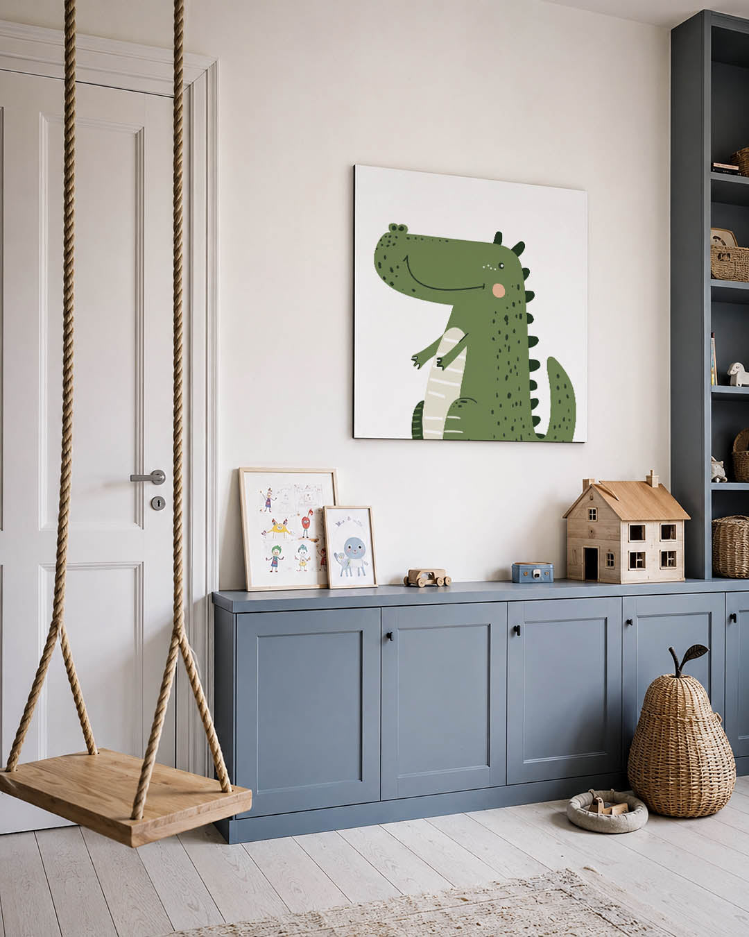 Vrolijke dinosaurus illustratie kunstwerk – vierkante wanddecoratie – dit toont een speelse groene dinosaurus met een