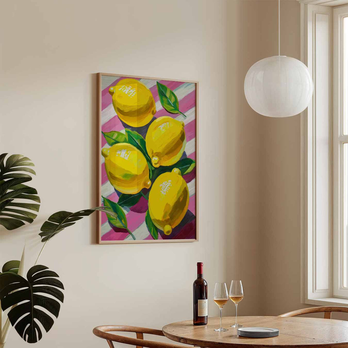 Vrolijke Citroenen op Roze Strepen – keukenposter in staand formaat
