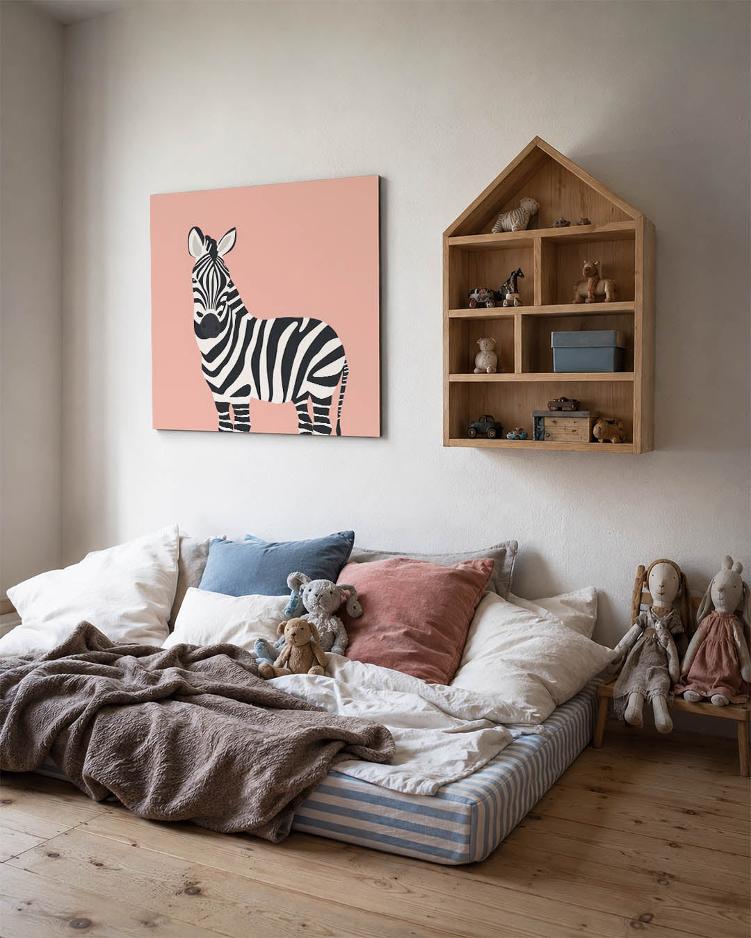 Gestreepte zebra illustratie kunstwerk – derde productweergave – dit werk toont een zebra met opvallende zwart-witte strepen