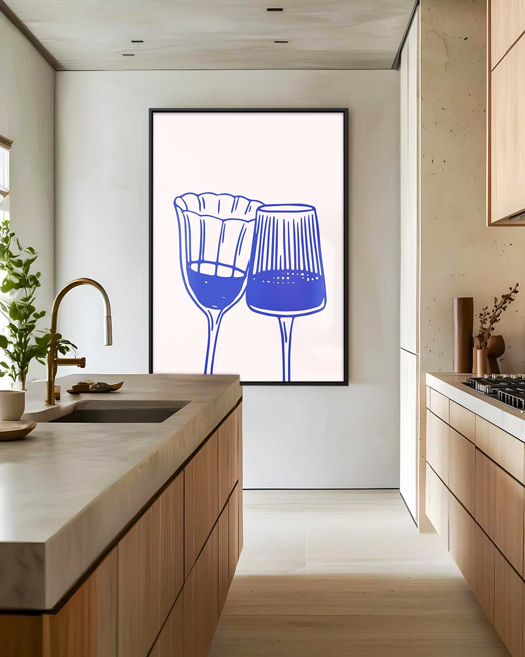 Elegante Blauw-witte Wijnglazen Illustratie – staand kunstwerk voor modern interieur