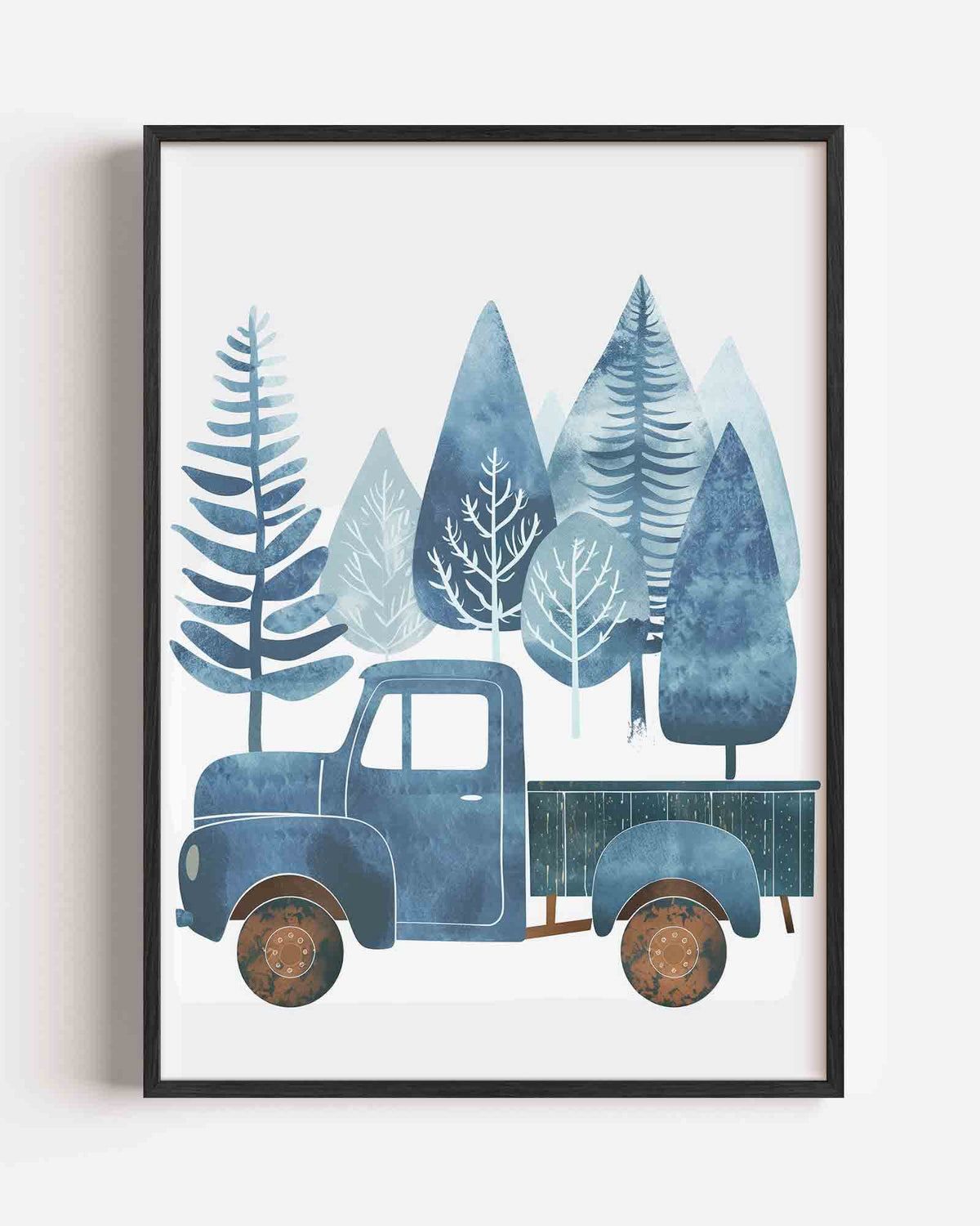 Blauwe vrachtwagen en bomen – kids portret poster als wanddecoratie