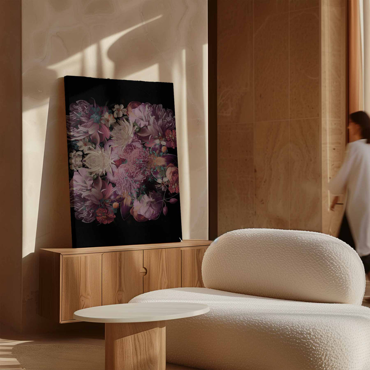 Bloemenpracht op Zwart – modern portret kunstwerk van WallArtistic
