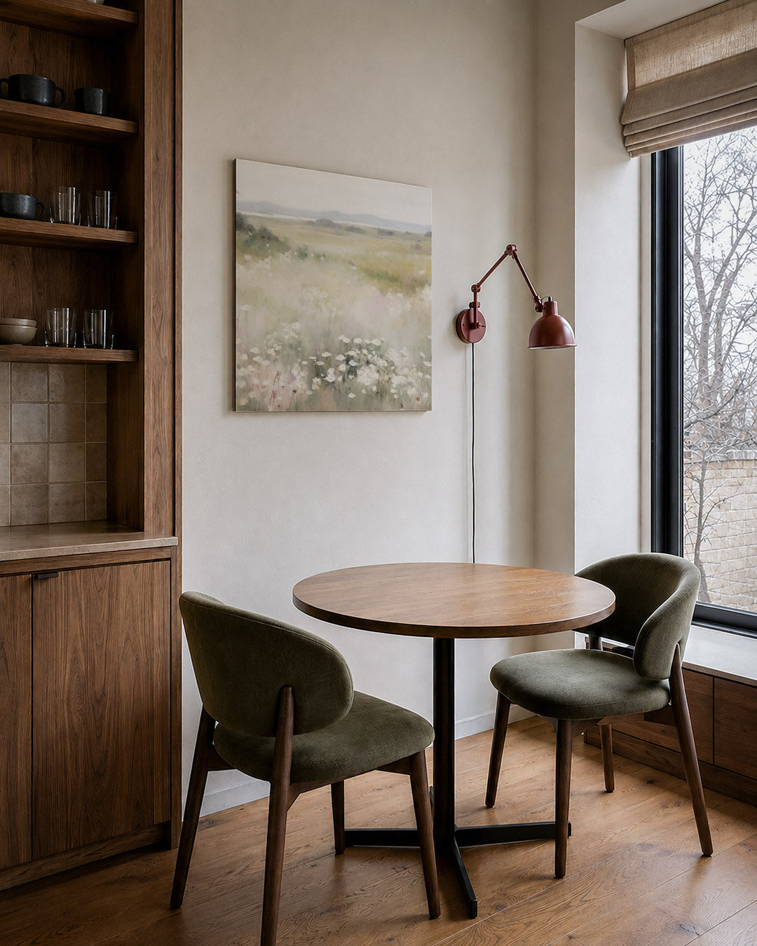 Landschap met bloemen kunstwerk – derde productweergave – dit werk toont een zacht glooiend landschap met delicate bloemen in