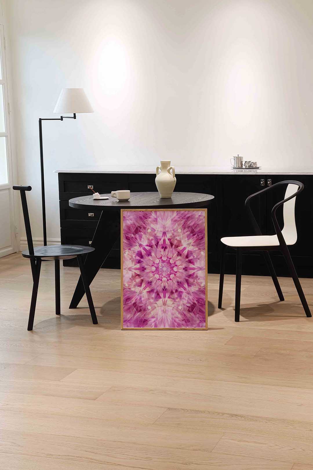 Symmetrische roze vormen – abstracte wandkunst als portret poster