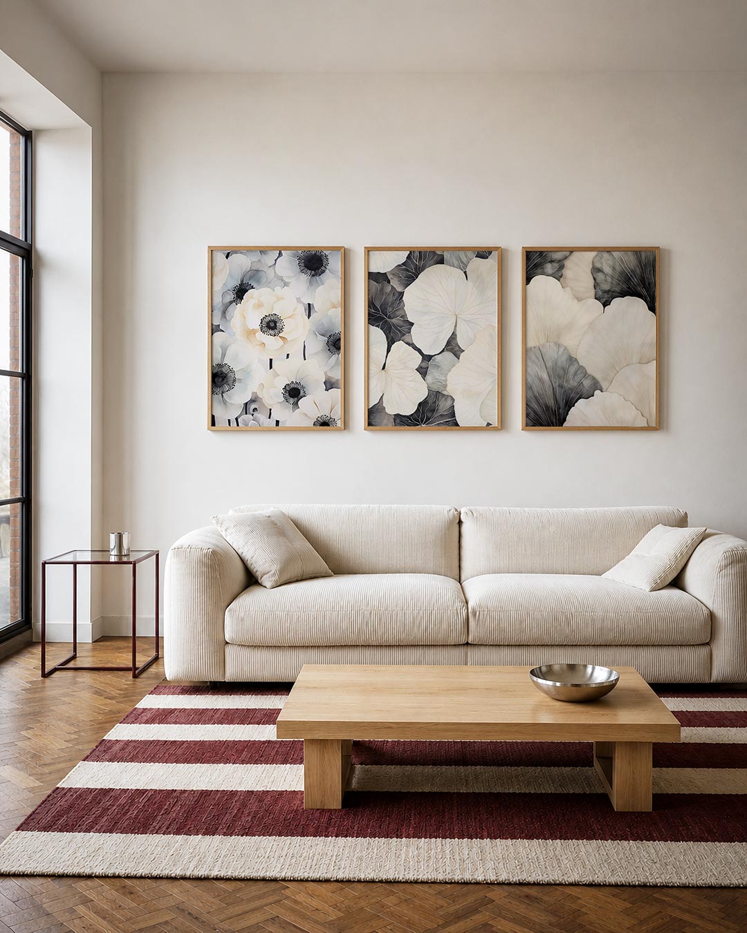 Bloemrijke harmonie driedelige posterset – deze posterset in drie delen toont grote bloemen in zachte