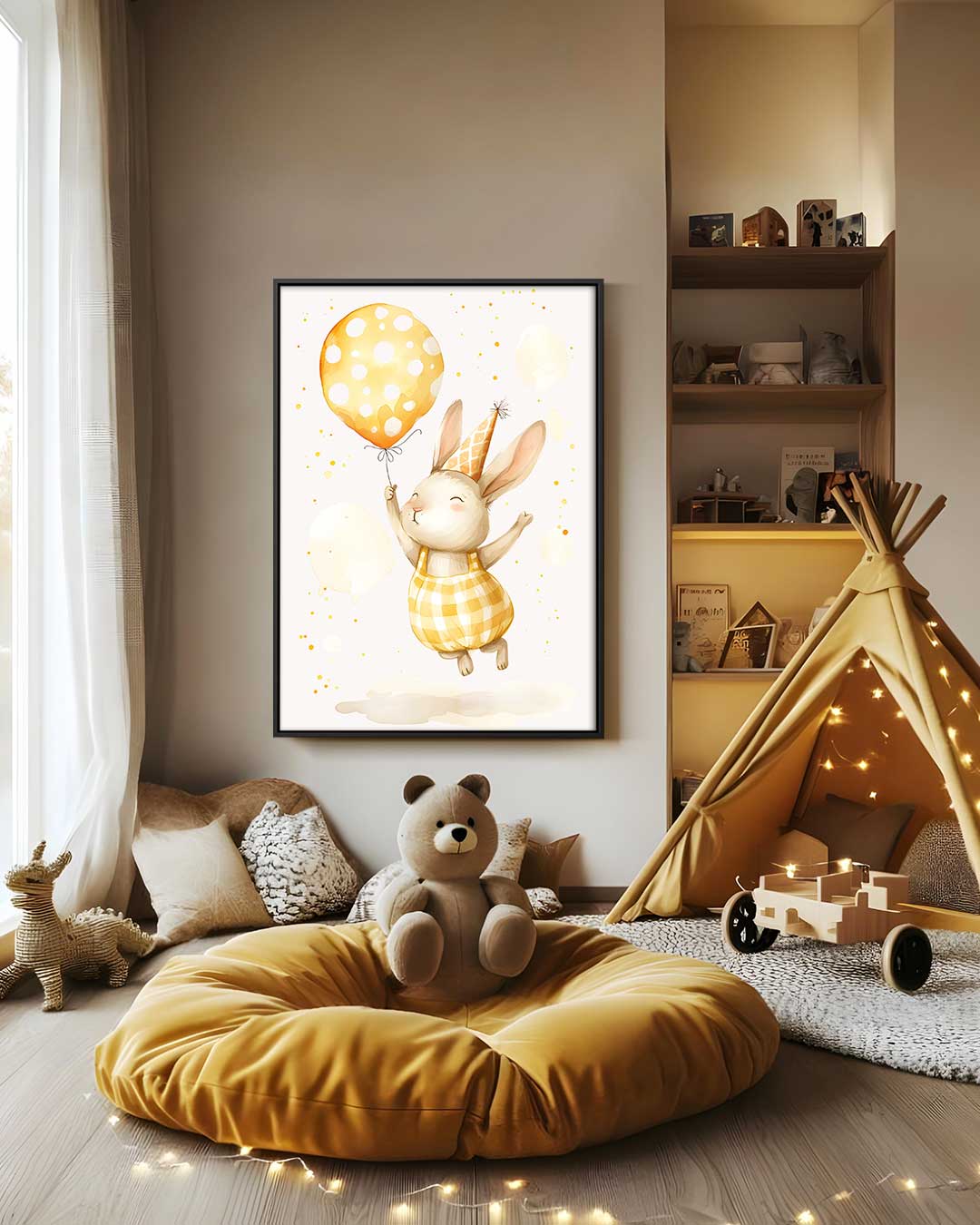 Vrolijk Konijn met Ballon – staand kunstwerk voor modern interieur