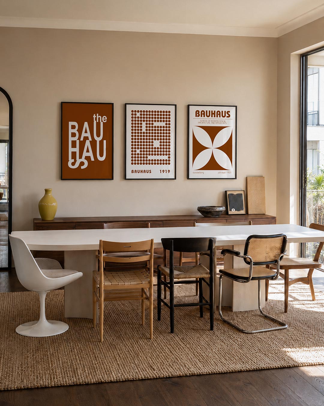 Typografisch spel posterset – tweede productweergave – witgekleurde letters dansen speels over een warme bruine achtergrond.