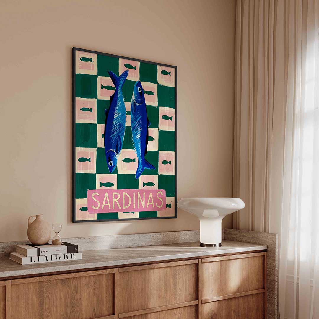 Sardines op geruite achtergrond – urban poster in staand formaat
