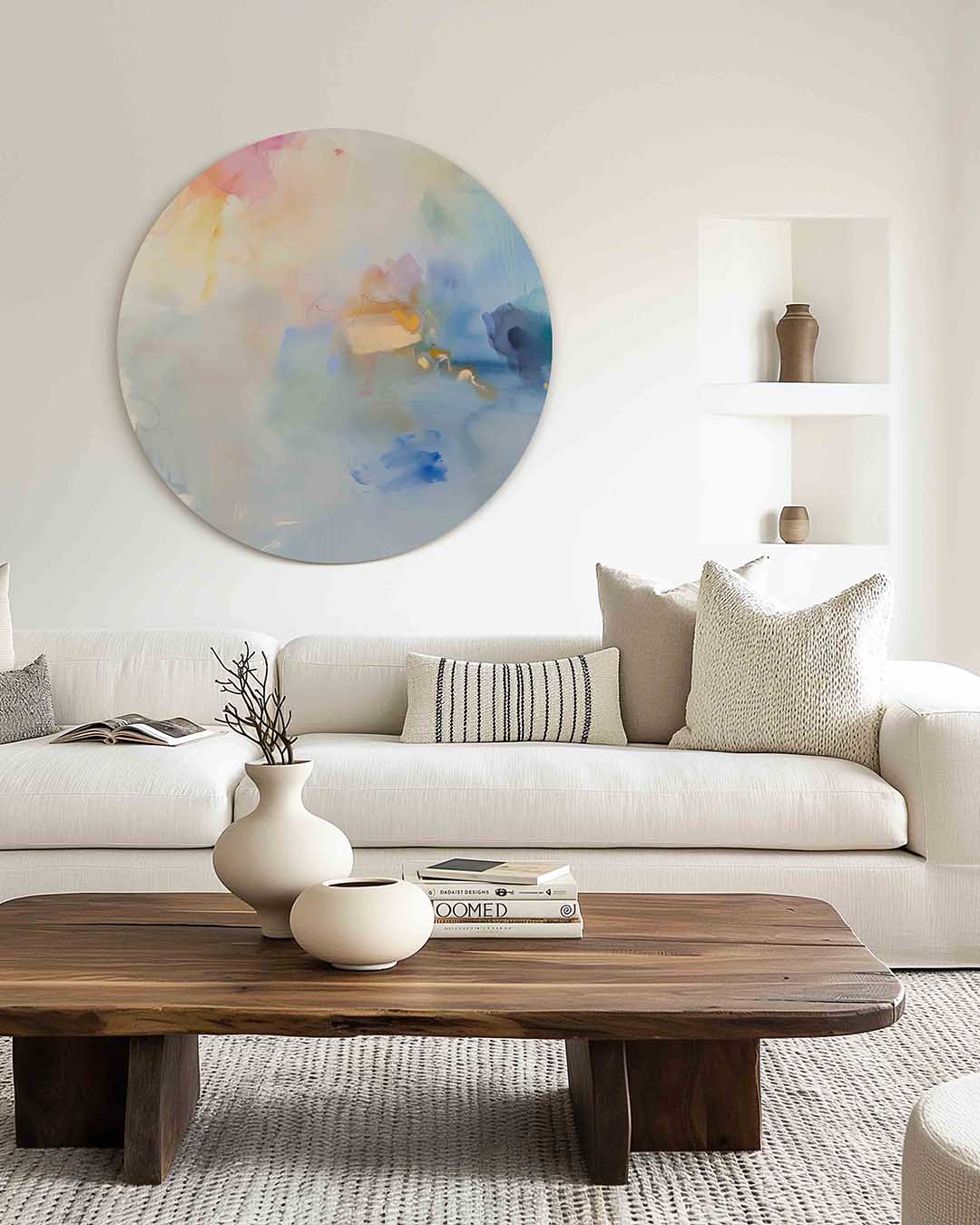 Abstracte pastelkleuren – muurcirkel met kleur en vormen voor aan de muur