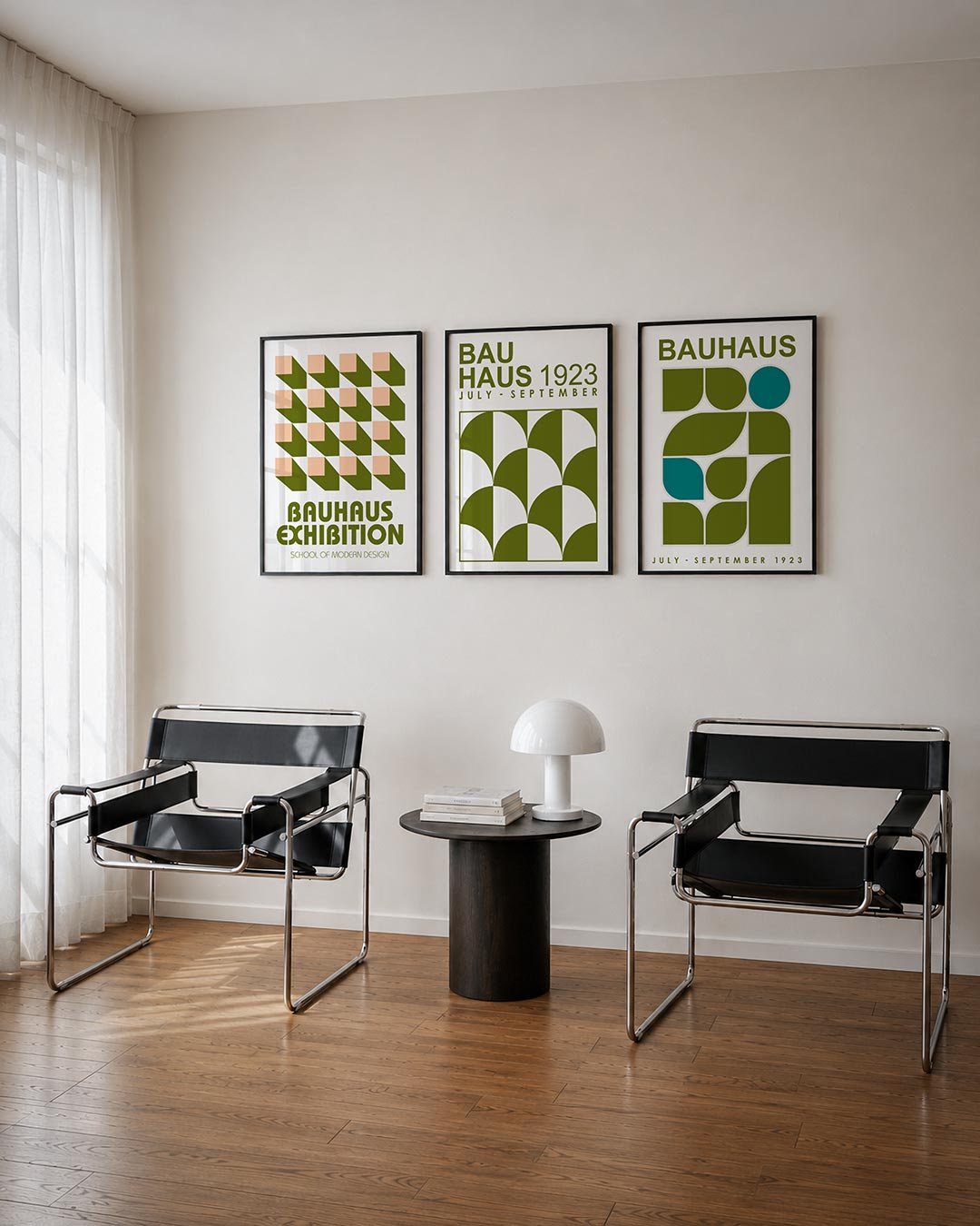 Vorm en schaduw driedelige posterset – deze posterset in drie delen toont een ritmisch patroon van roze en olijfgroene