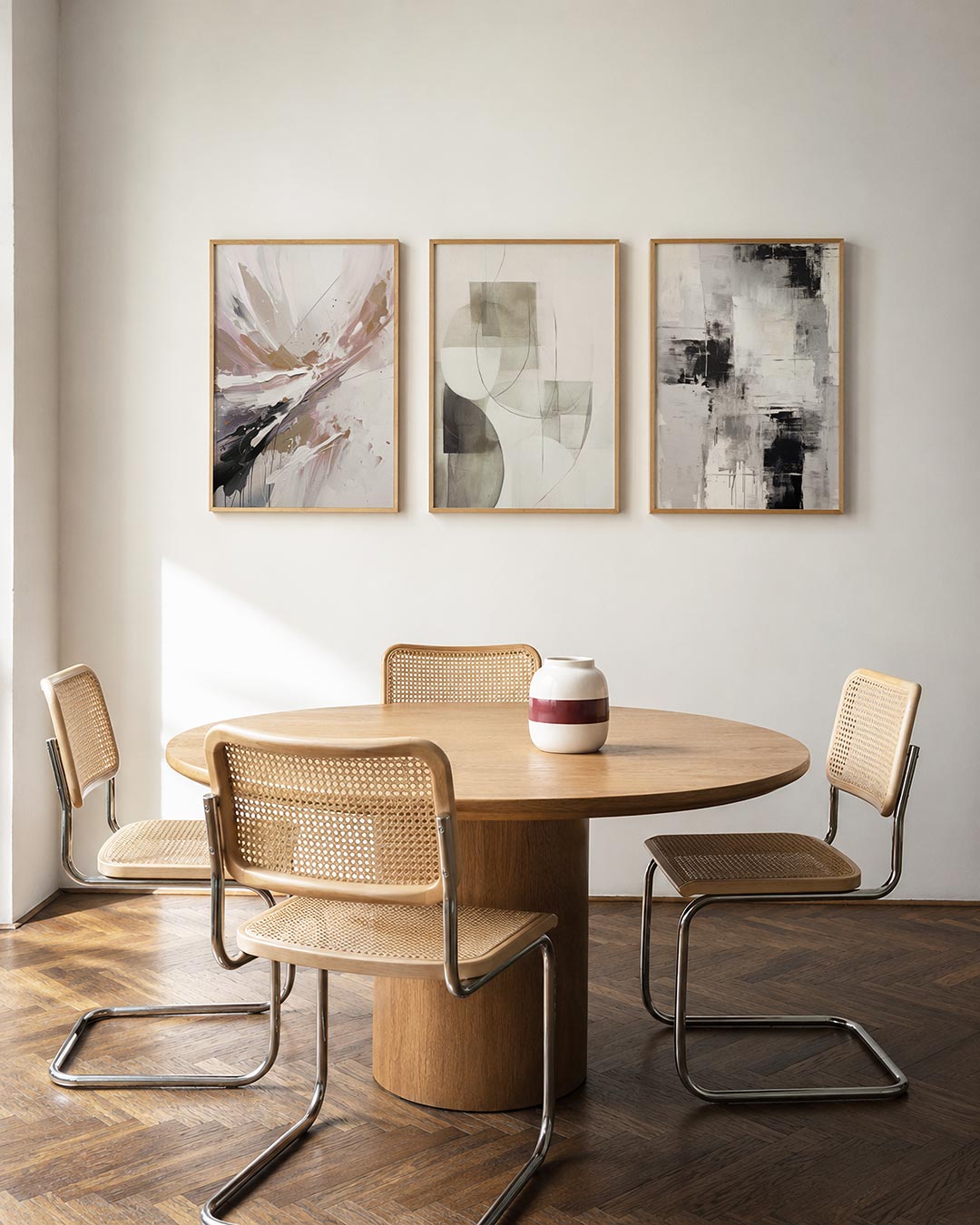 Dynamische kleurvlakken driedelige posterset in interieur
