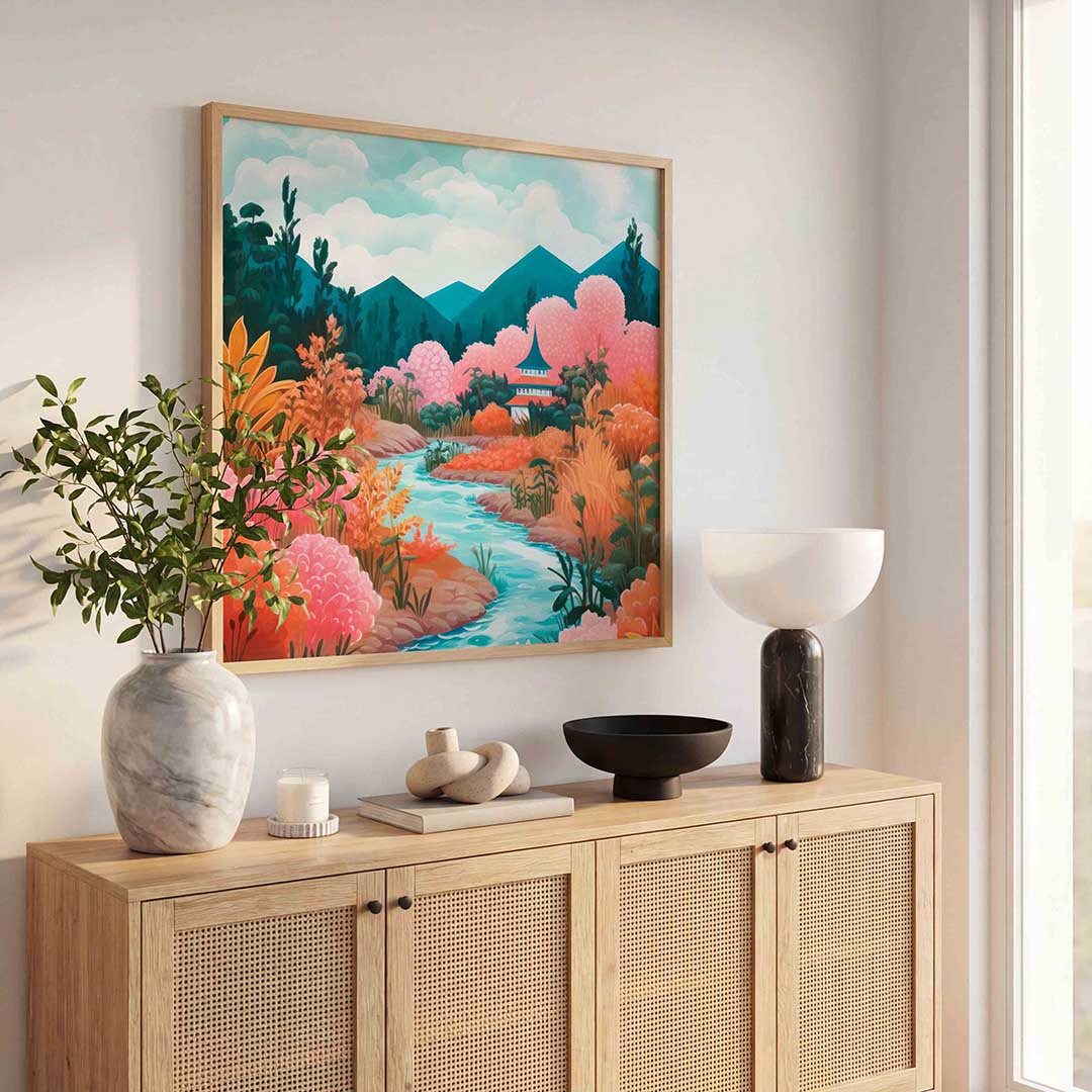 Landschap met bergen en rivier – illustratie poster in vierkant formaat