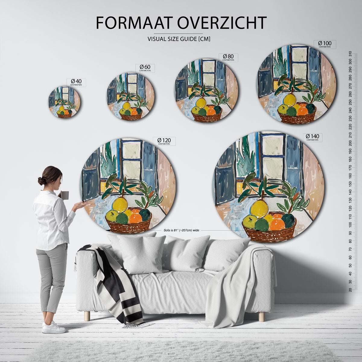 Fruitmand en raam – ronde muurdecoratie met kleur en vorm