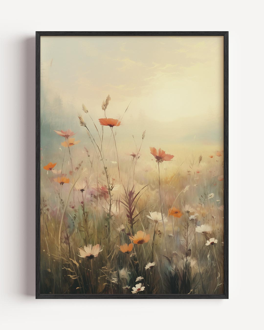 Bloemenveld bij Zonsopkomst – natuur en stad portret poster als wanddecoratie