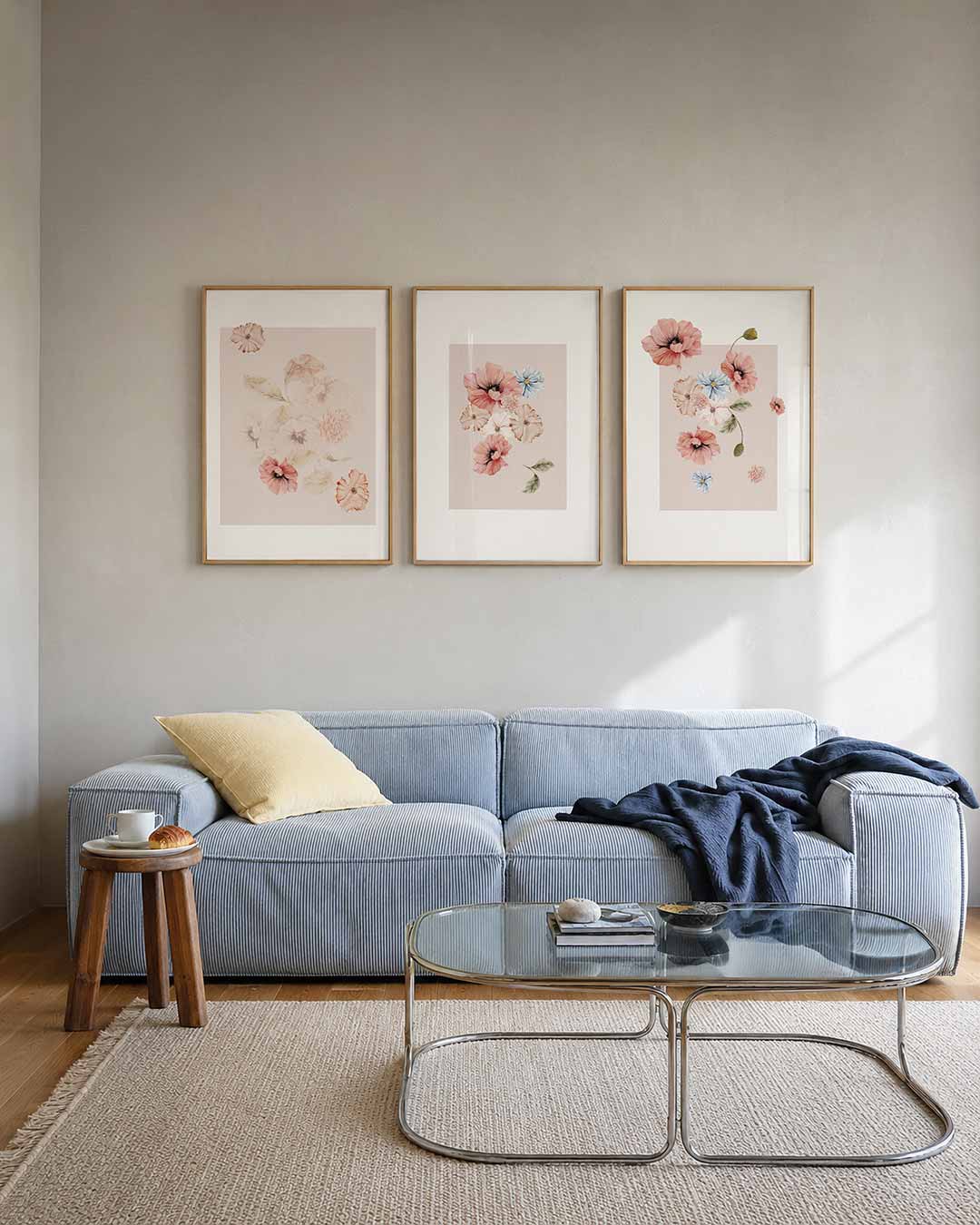 Bloemige zachtroze harmonie posterset – tweede productweergave – deze posterset in drie delen toont delicate bloemen in