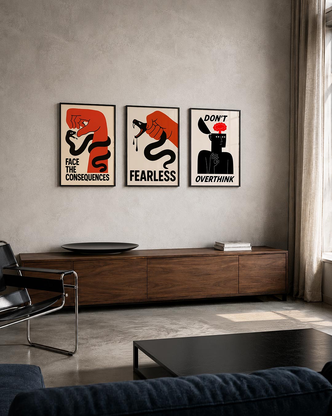 Krachtige confrontatie posterset – tweede productweergave – een rode hand en een zwarte slang vormen een dynamisch
