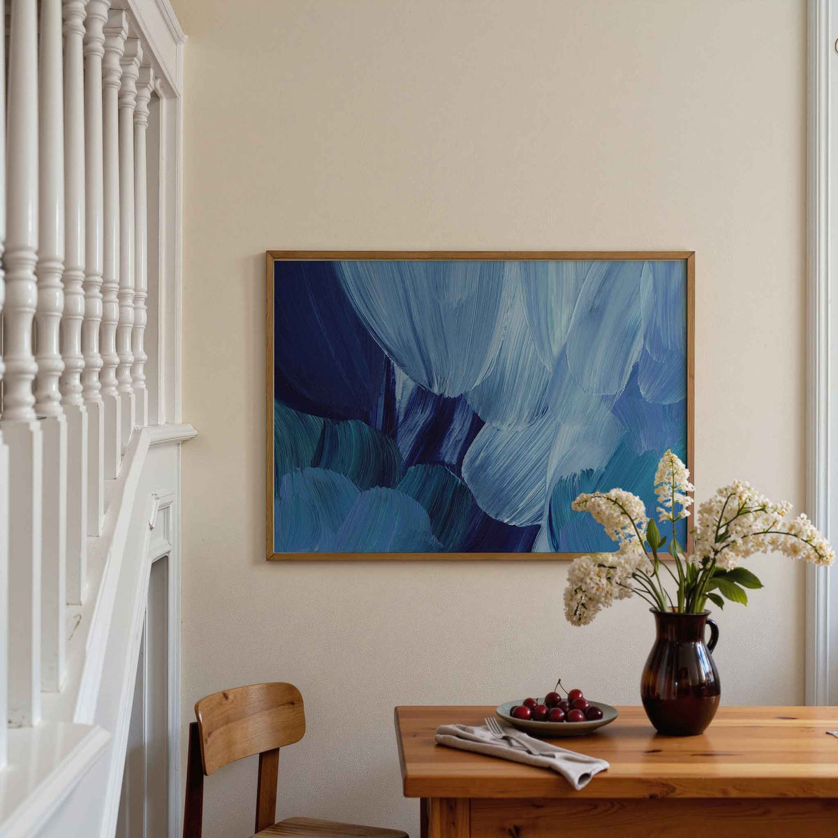 Abstracte blauwe penseelstreken – artistieke poster in liggend formaat