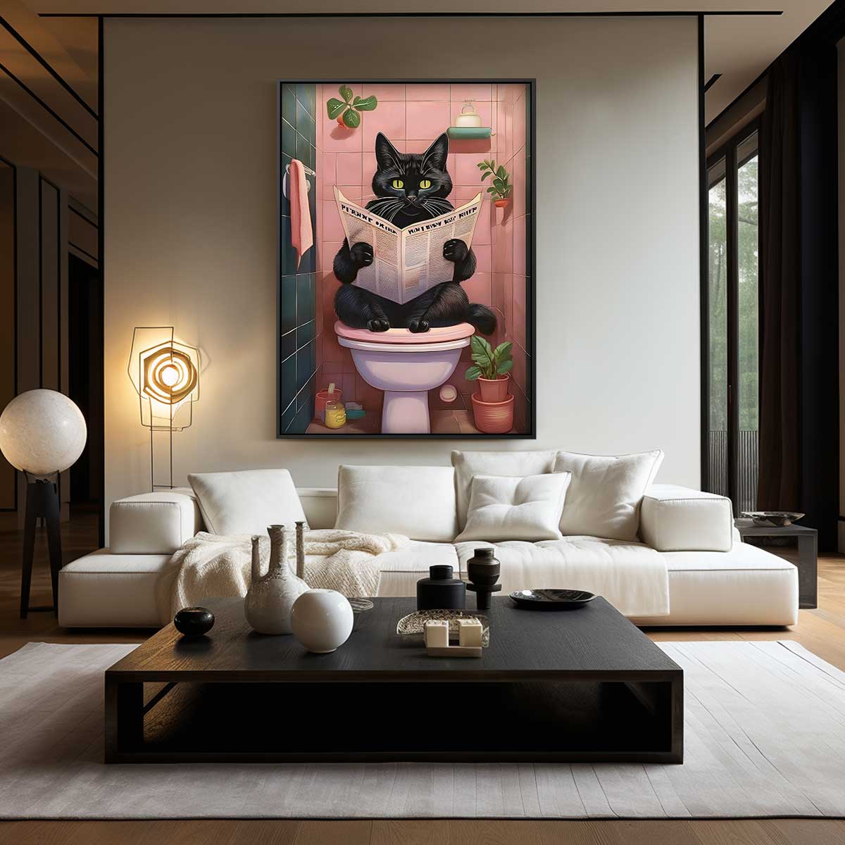 Kat Met Krant in de Badkamer – kunstwerk met zwarte baklijst
