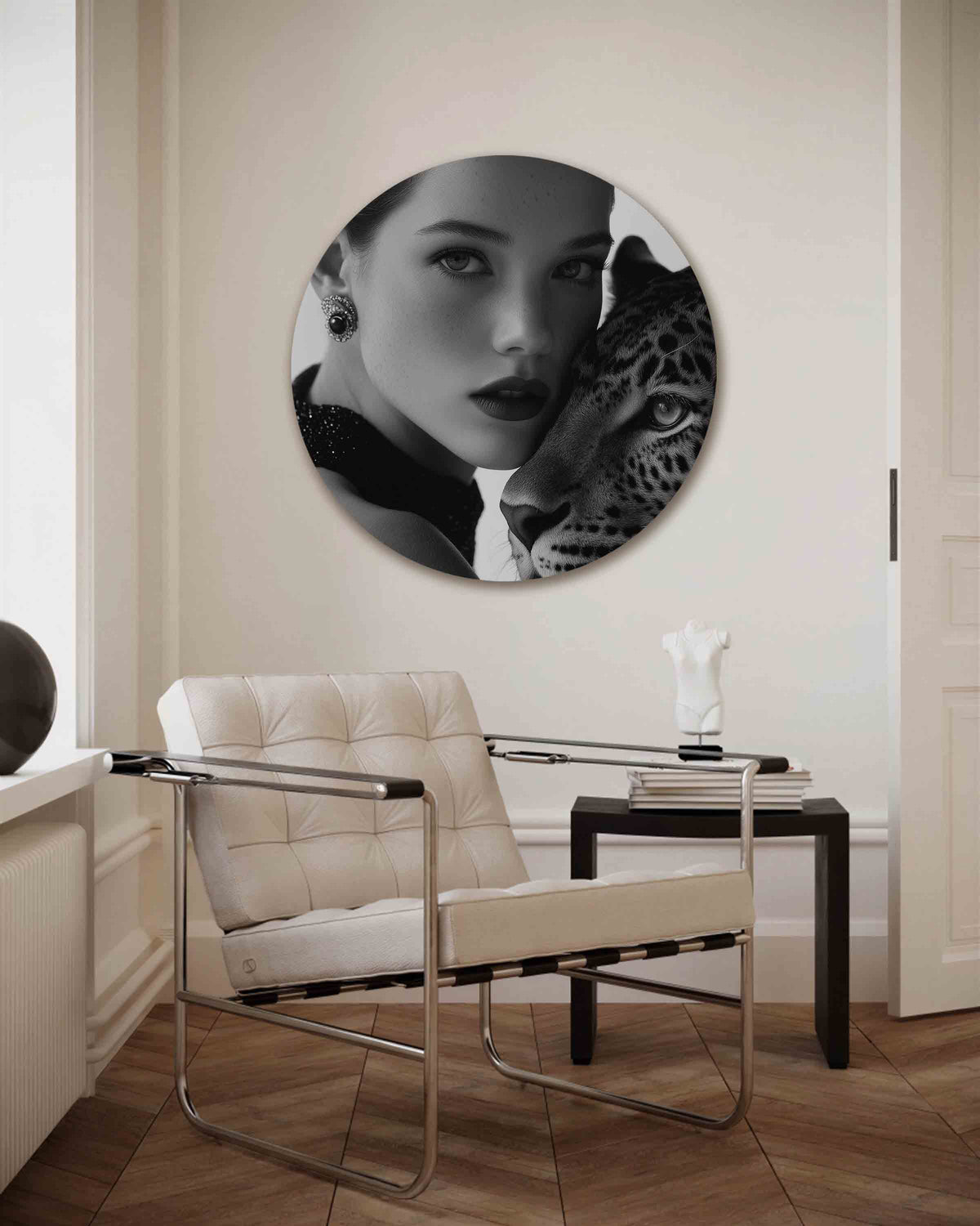 Portret met luipaard – Pop Art muurcirkel als ronde wanddecoratie