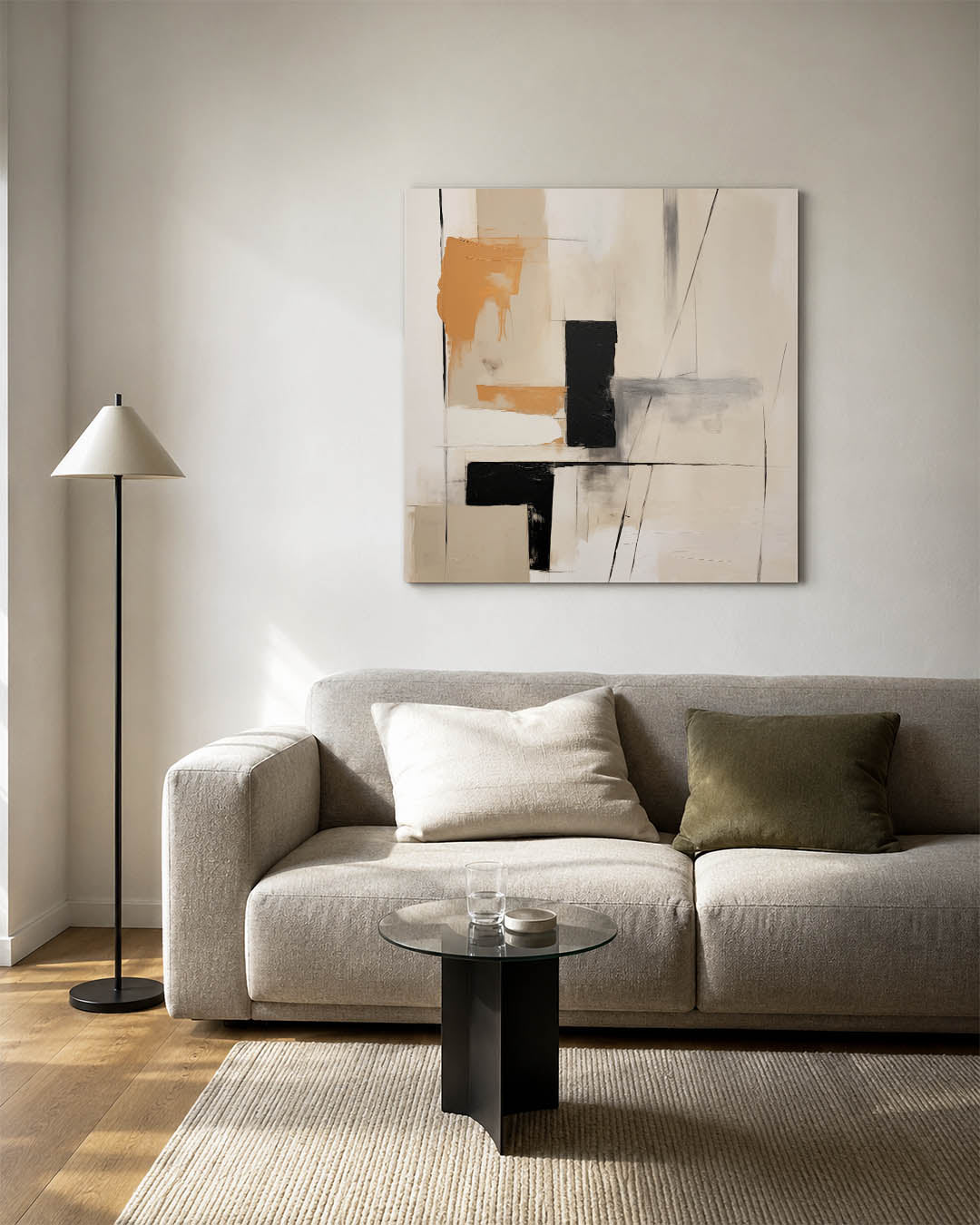 Geometrische vormen kunstwerk – vierkante wanddecoratie – dit werk toont een compositie van rechthoeken en lijnen in beige