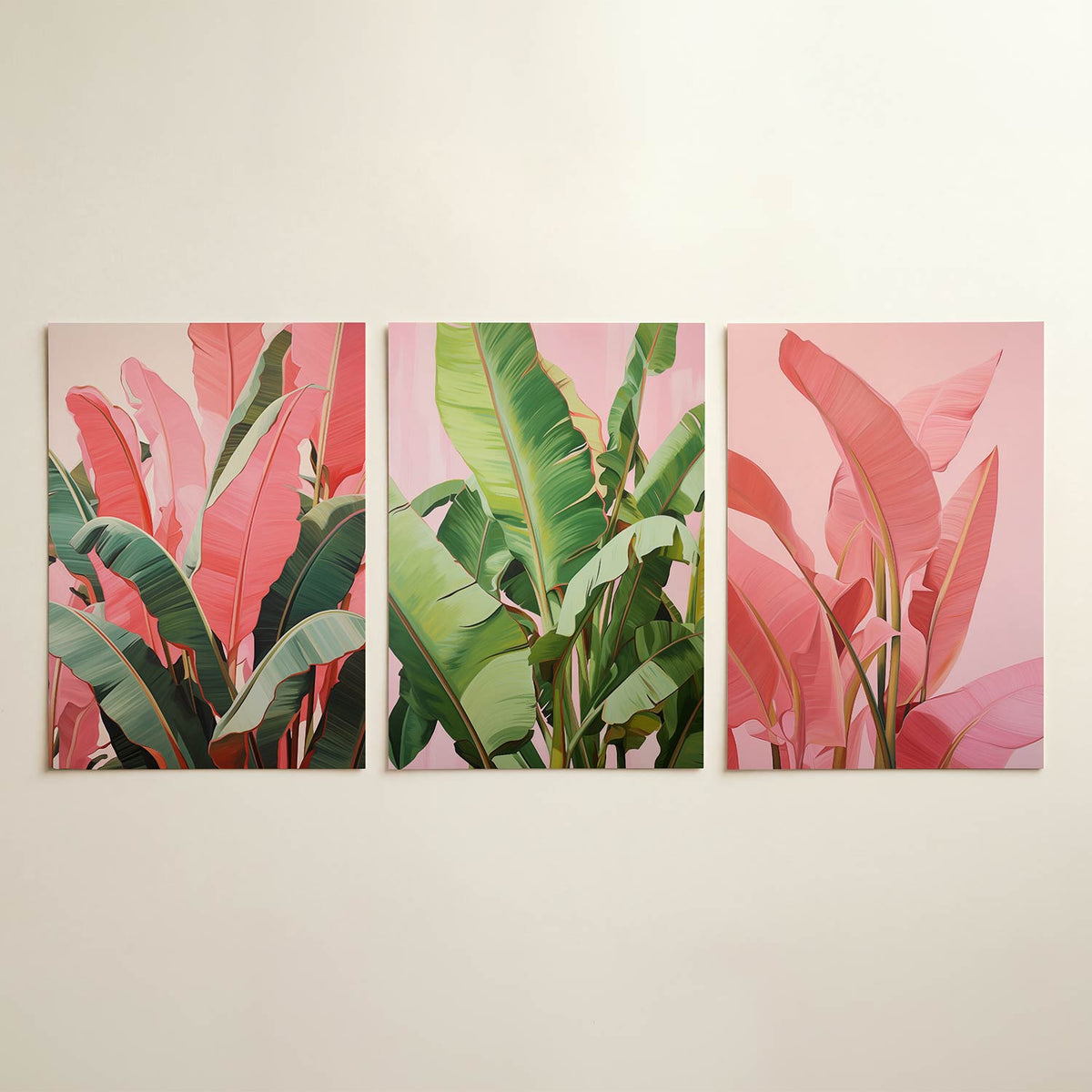 Bladpatroon en kleur driedelige posterset in interieur