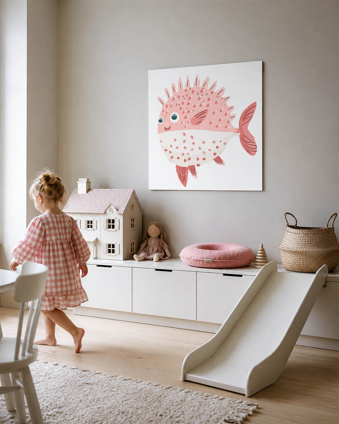 Speelse vis illustratie kunstwerk – tweede productweergave – dit kunstwerk toont een speelse vis met ronde vormen en zachte