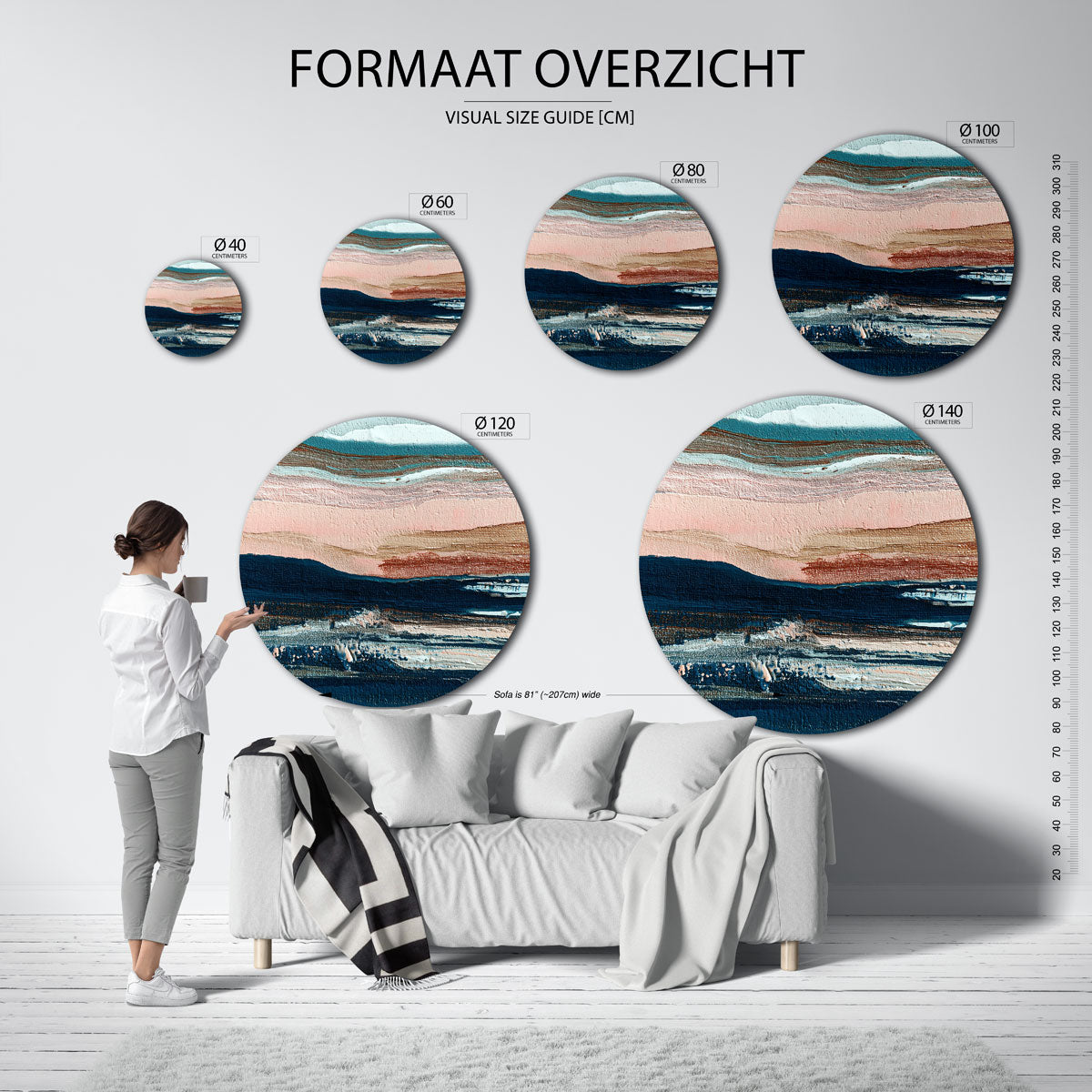 Horizontale lagen – ronde muurdecoratie met vrouwelijk portret