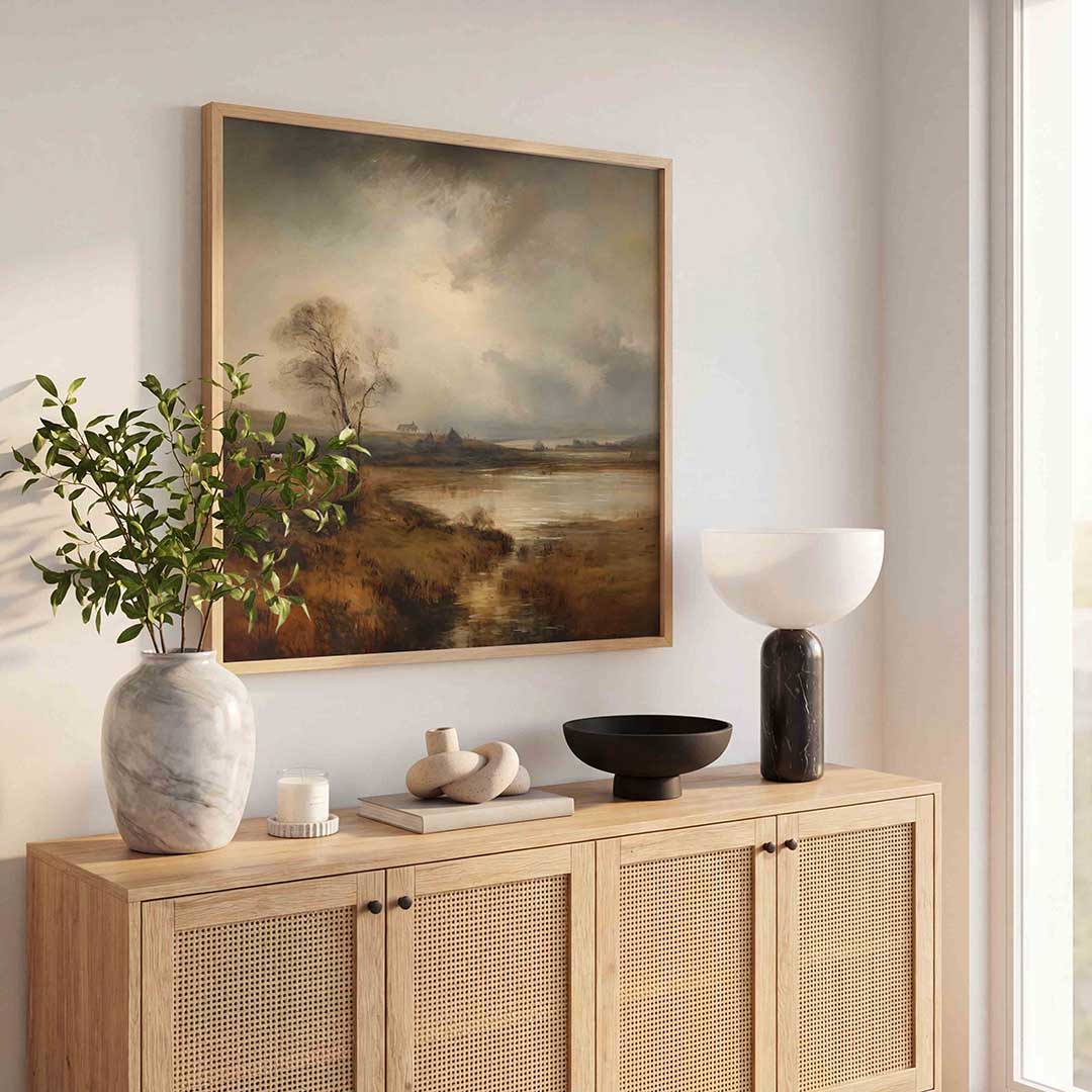 Landschap met boom en water – kleurrijke poster in vierkant formaat