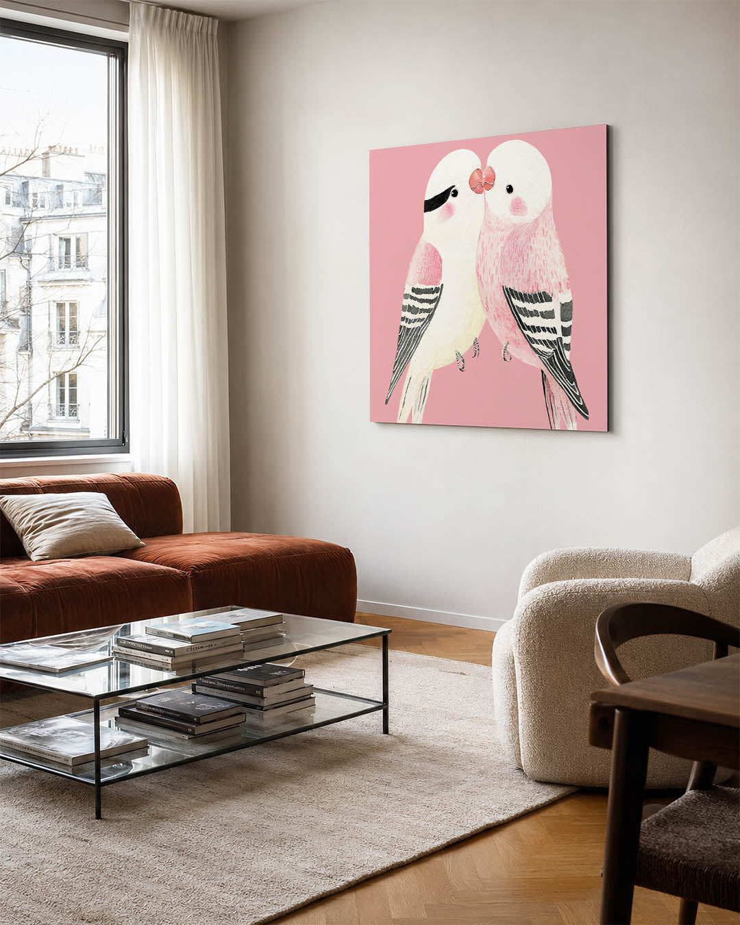 Liefdevolle vogels kunstwerk – vierkante wanddecoratie – twee vogels tegen een roze achtergrond, met zachte lijnen en