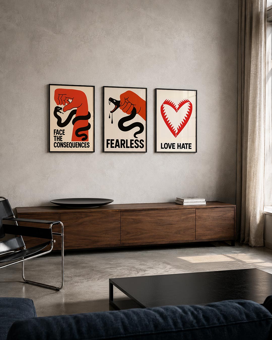 Krachtige confrontatie posterset – tweede productweergave – een rode hand en een zwarte slang vormen een dynamisch