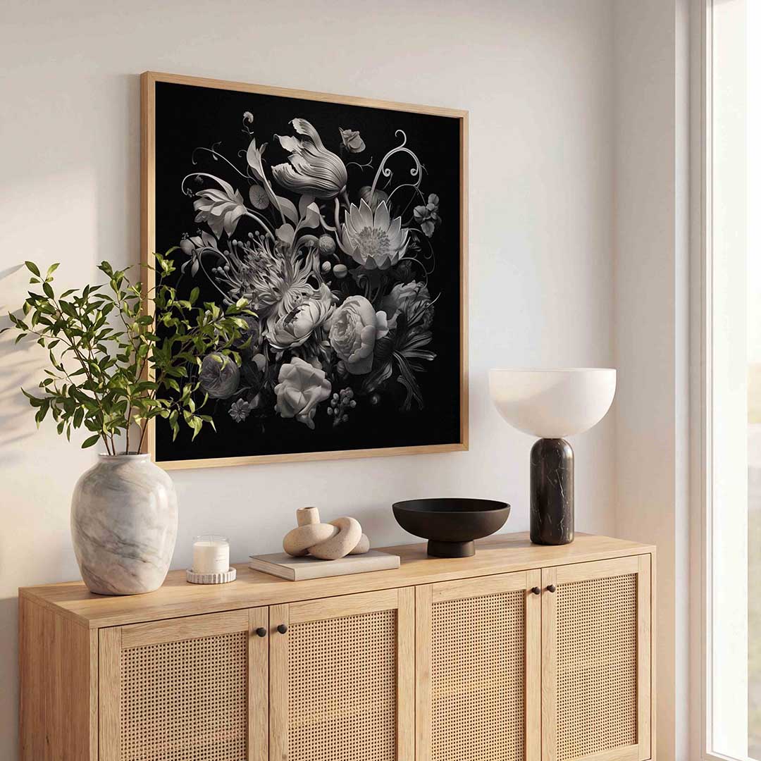 Bloemen in zwart wit – kleurrijke poster in vierkant formaat