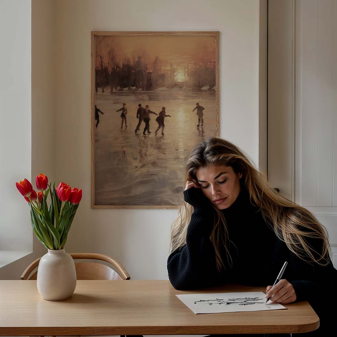 IJsschaatsen bij Zonsondergang – feestelijke wandkunst als portret poster