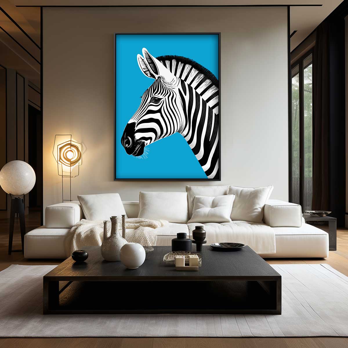 Zebra in het Blauw – kunstwerk met zwarte baklijst