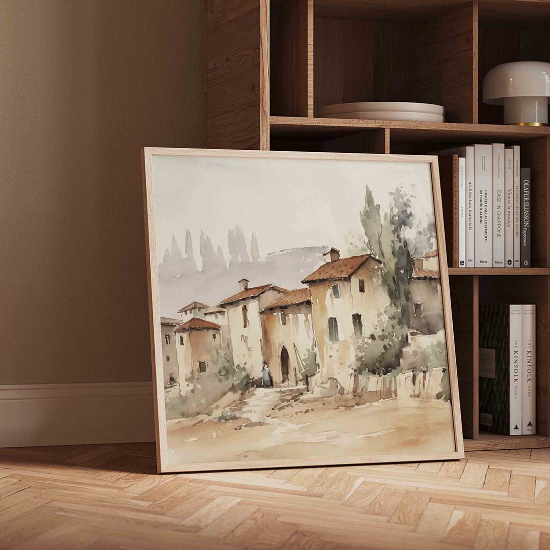 Landschap met huizen – vintage wandkunst als vierkante poster