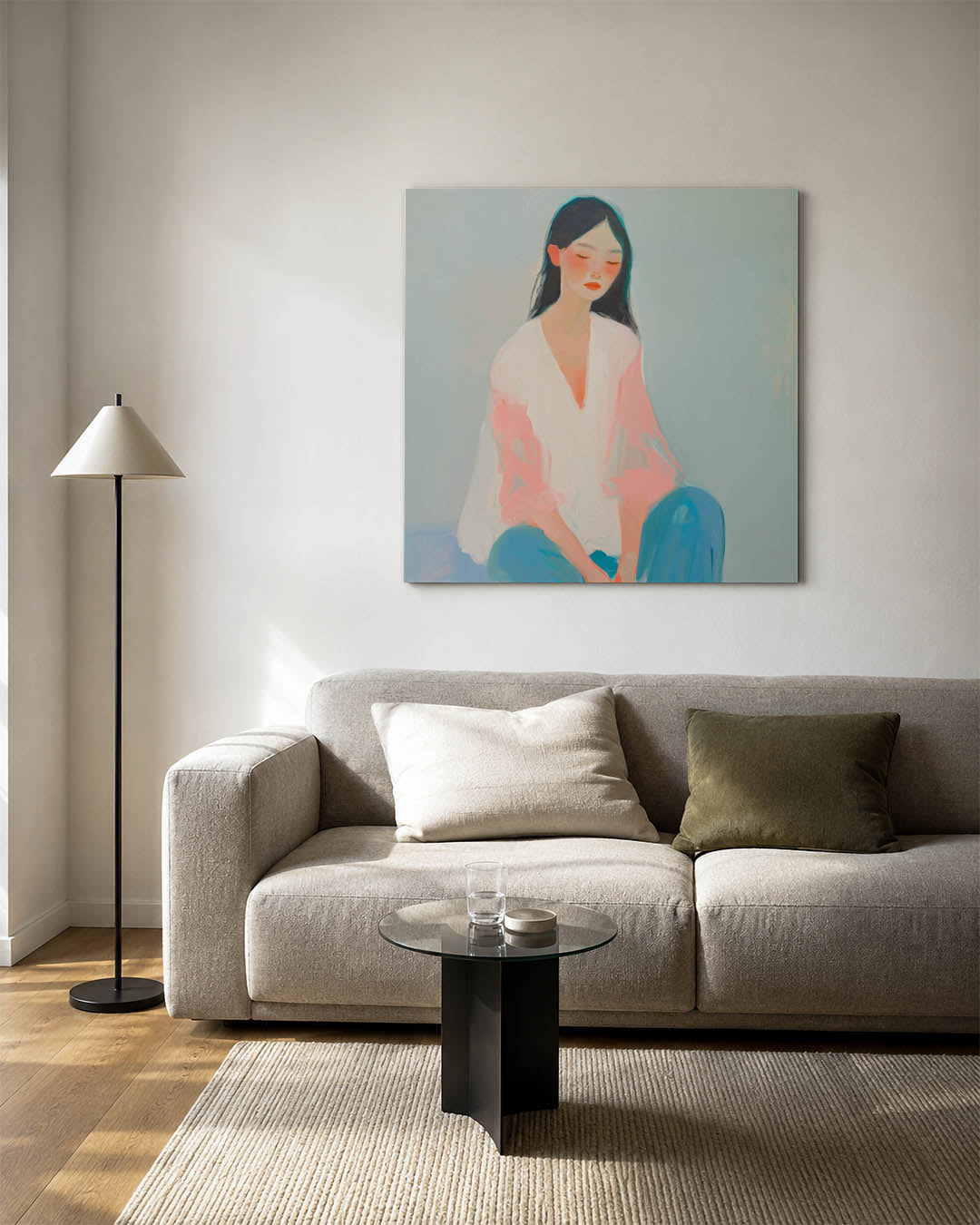 Dromerige vrouw kunstwerk – vierkante wanddecoratie – dit kunstwerk toont een serene vrouw in zachte kleuren. De vloeiende