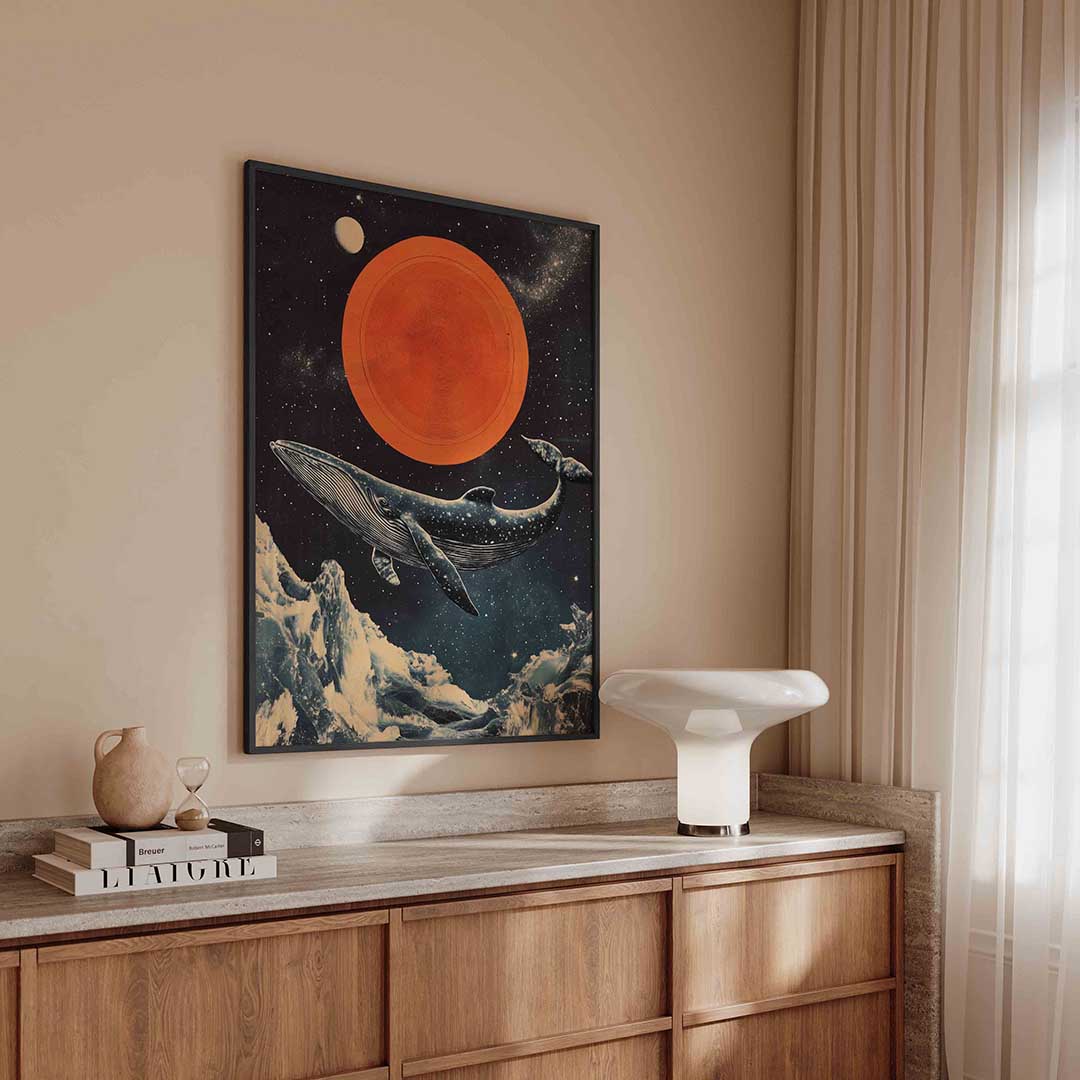 Walvis en oranje cirkel – surreal poster in staand formaat
