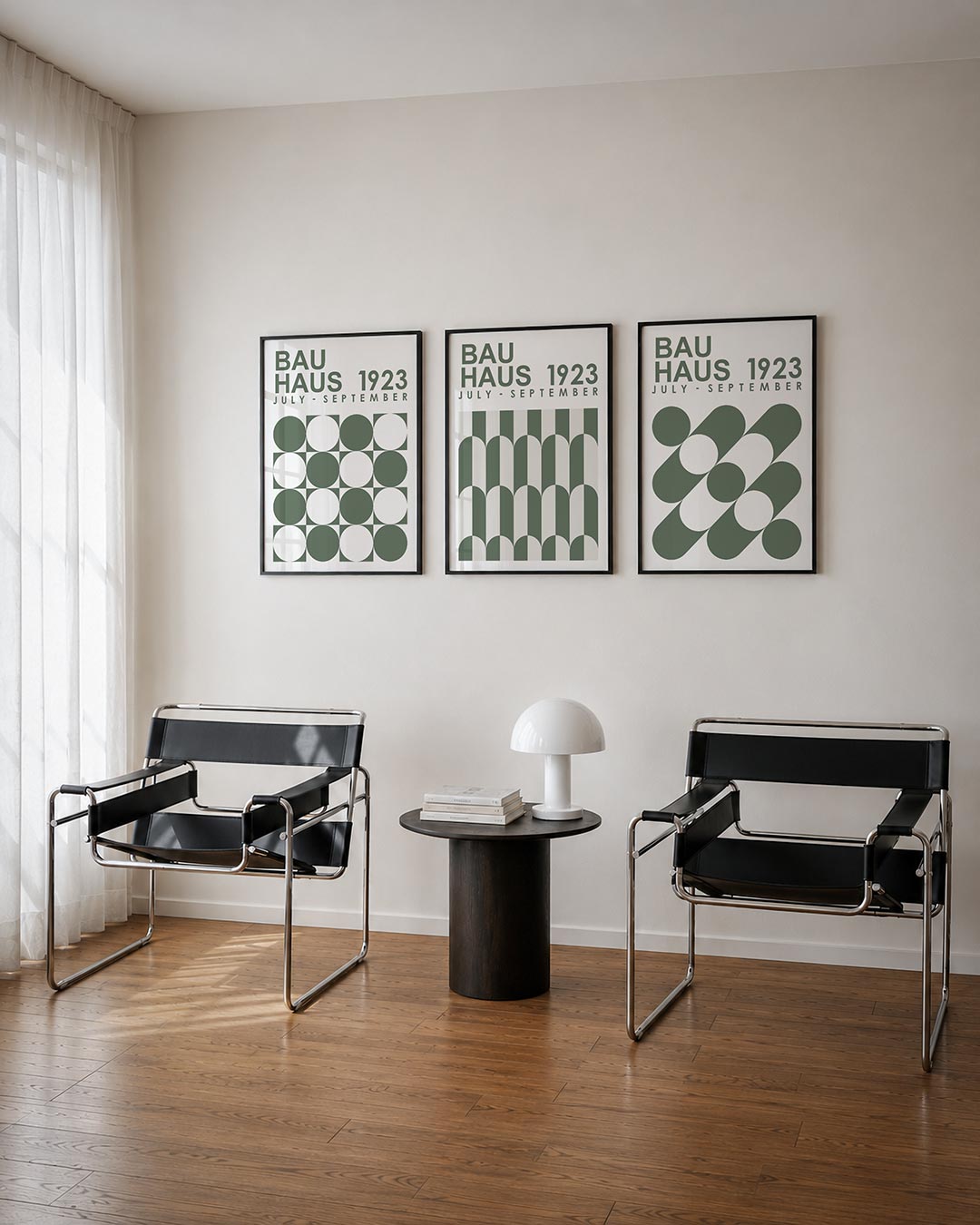 Cirkel en vierkant posterset – tweede productweergave – deze posterset in drie delen toont een ritmisch spel van cirkels en