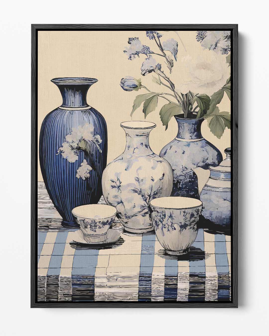 Tijdloze Elegantie in Blauw en Wit – portret kunstwerk als wanddecoratie