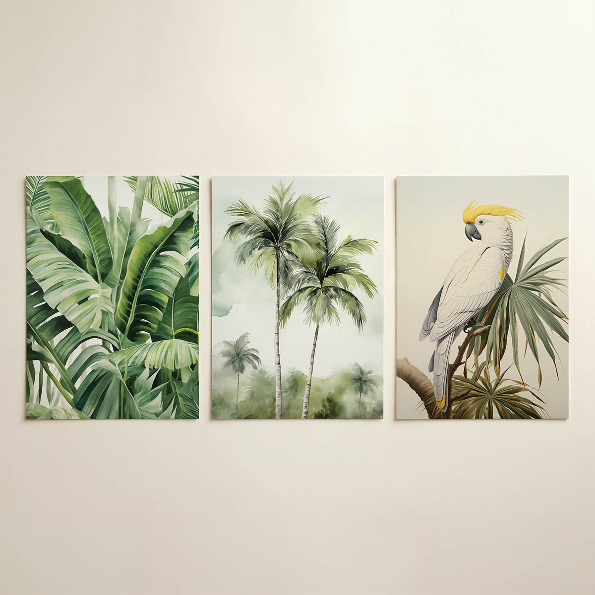 Groene bladeren harmonie driedelige posterset in interieur