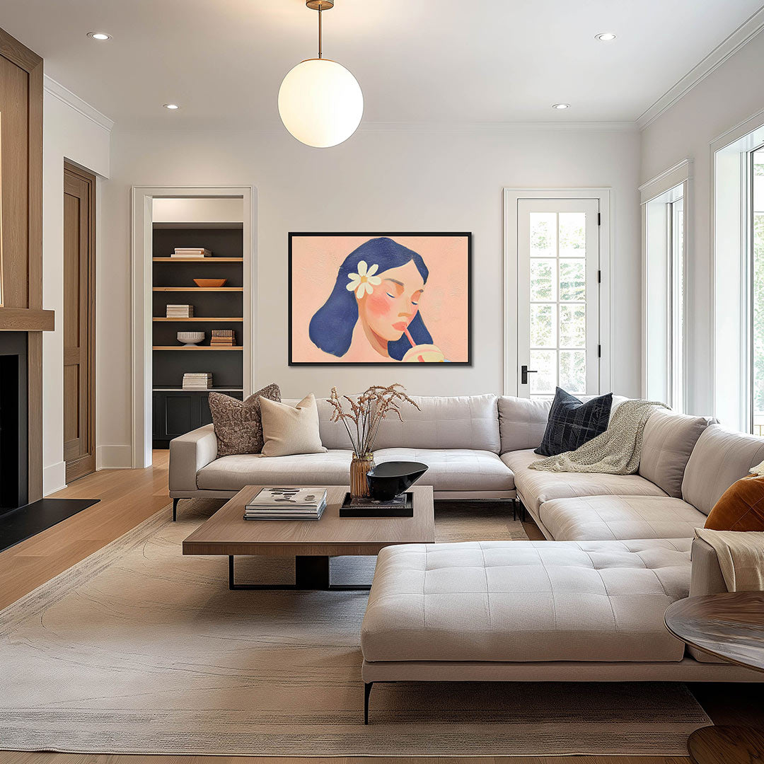Dromerige vrouw – Liggende wanddecoratie – op canvas, dibond of plexiglas