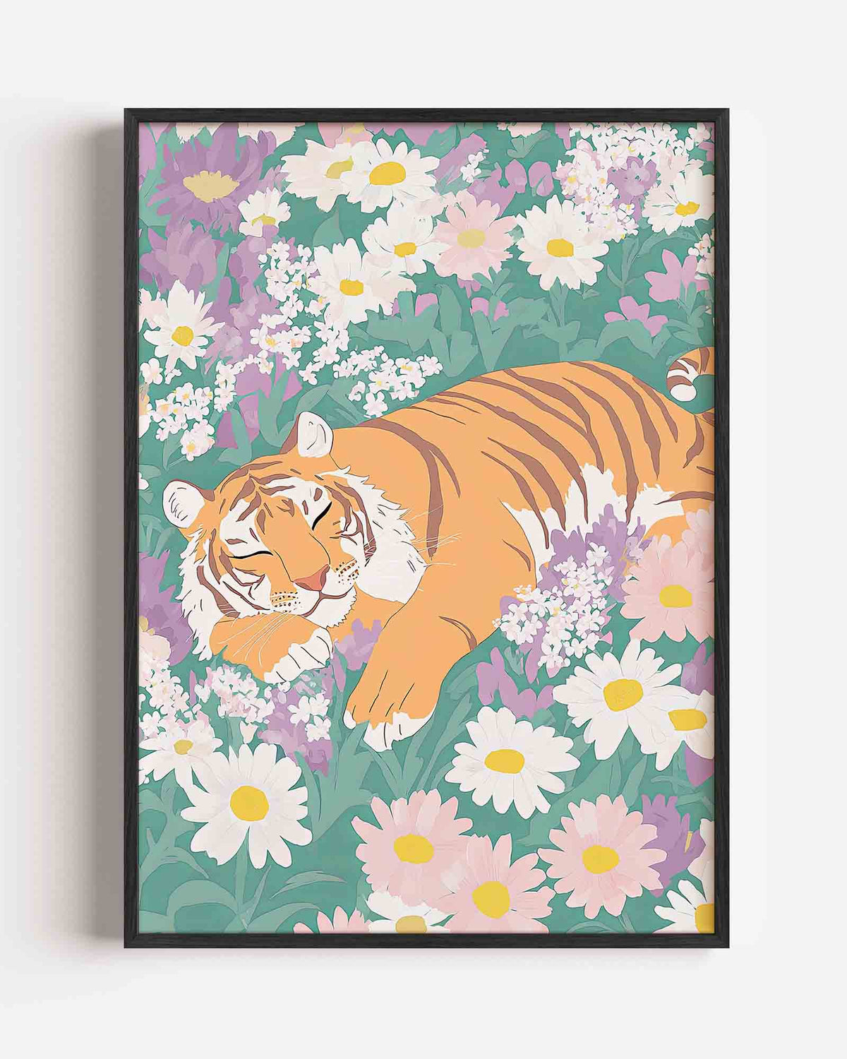 Slapende tijger tussen bloemen – dieren portret poster als wanddecoratie