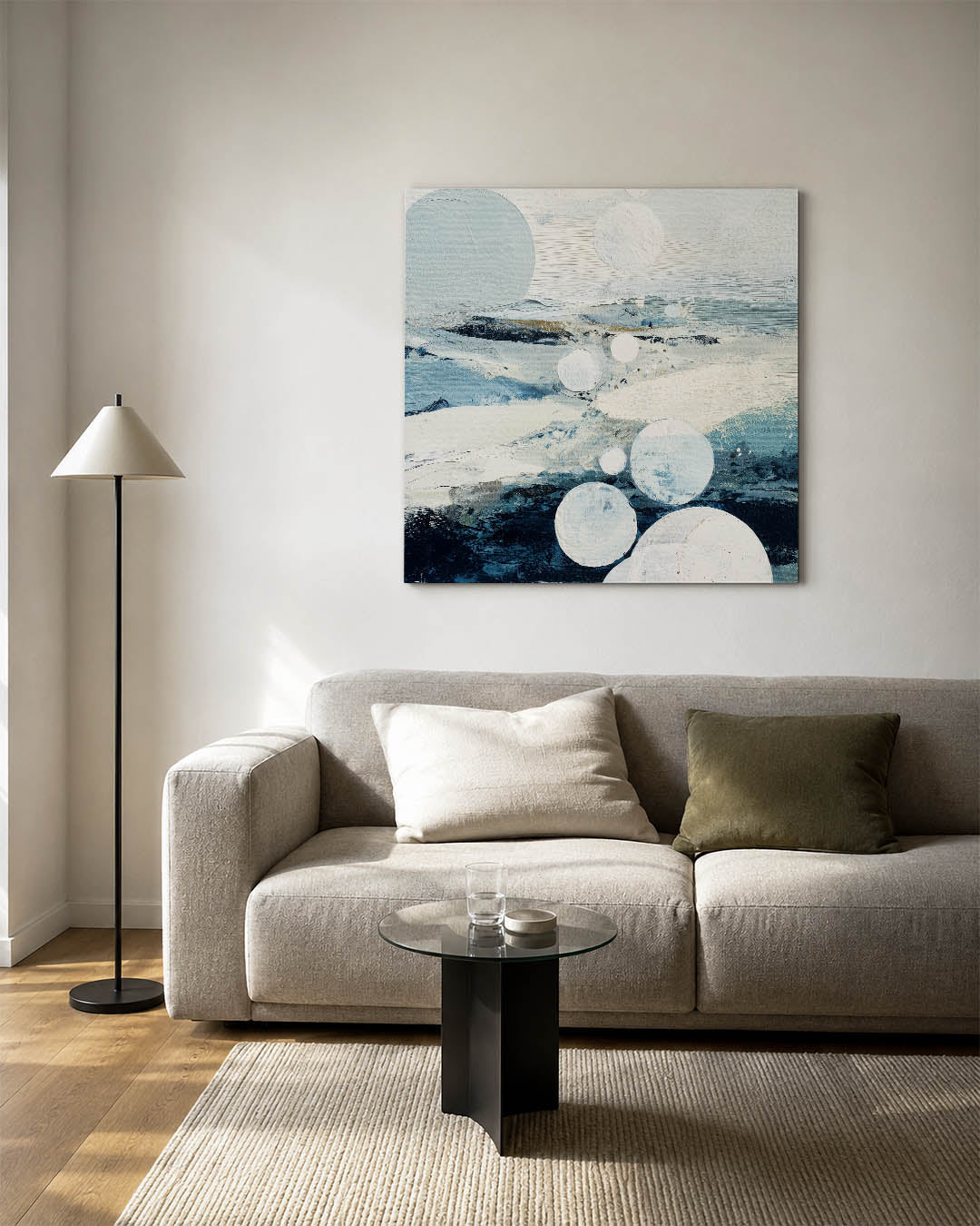 Sferische harmonie kunstwerk – vierkante wanddecoratie – dit kunstwerk toont een dynamisch spel van cirkels en golvende