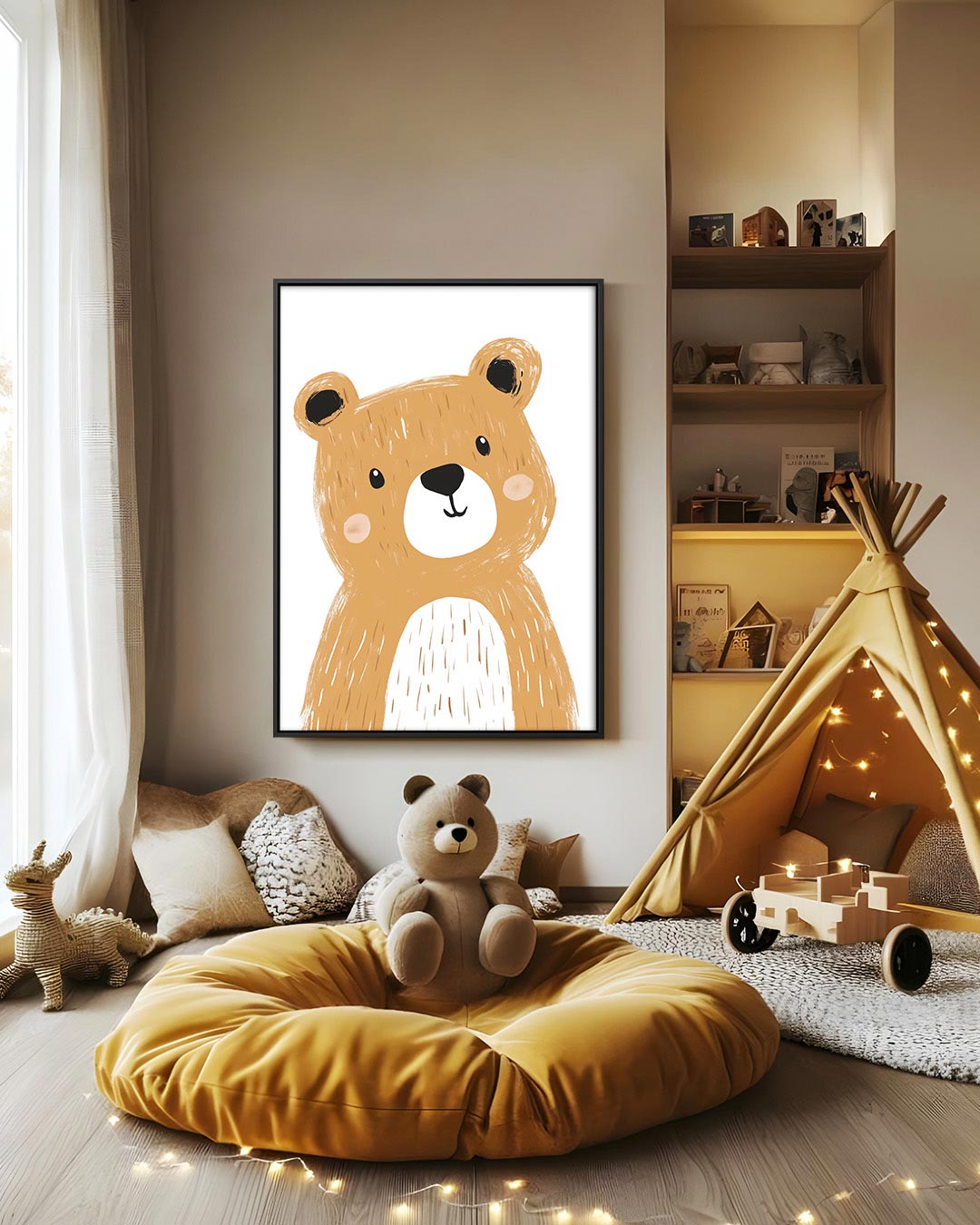 Vrolijke beer illustratie – decoratief kunstwerk voor aan de muur